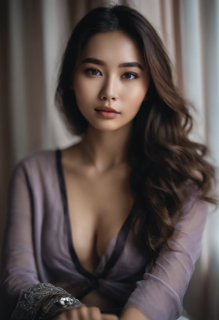 Asian woman completely , fille nue aux yeux bruns, ultra realist, Meticulously detailed, Portrait Sophie Mudd, cheveux bruns et grands yeux, selfie of a young woman, Dubai Eyes, Violet Myers, sans maquillage, maquillage naturel, looking straight at camera, Visage avec Artgram, Maquillage subtil, Great photo of the whole body kneeling on the bed, dans la chambre, Medium to large bust