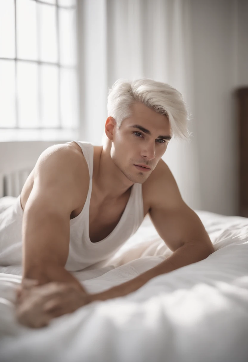 20-year-old male with white hair, two block haircut , dressed in a plain white tank top, lying on a bed, pensive expression , soft light