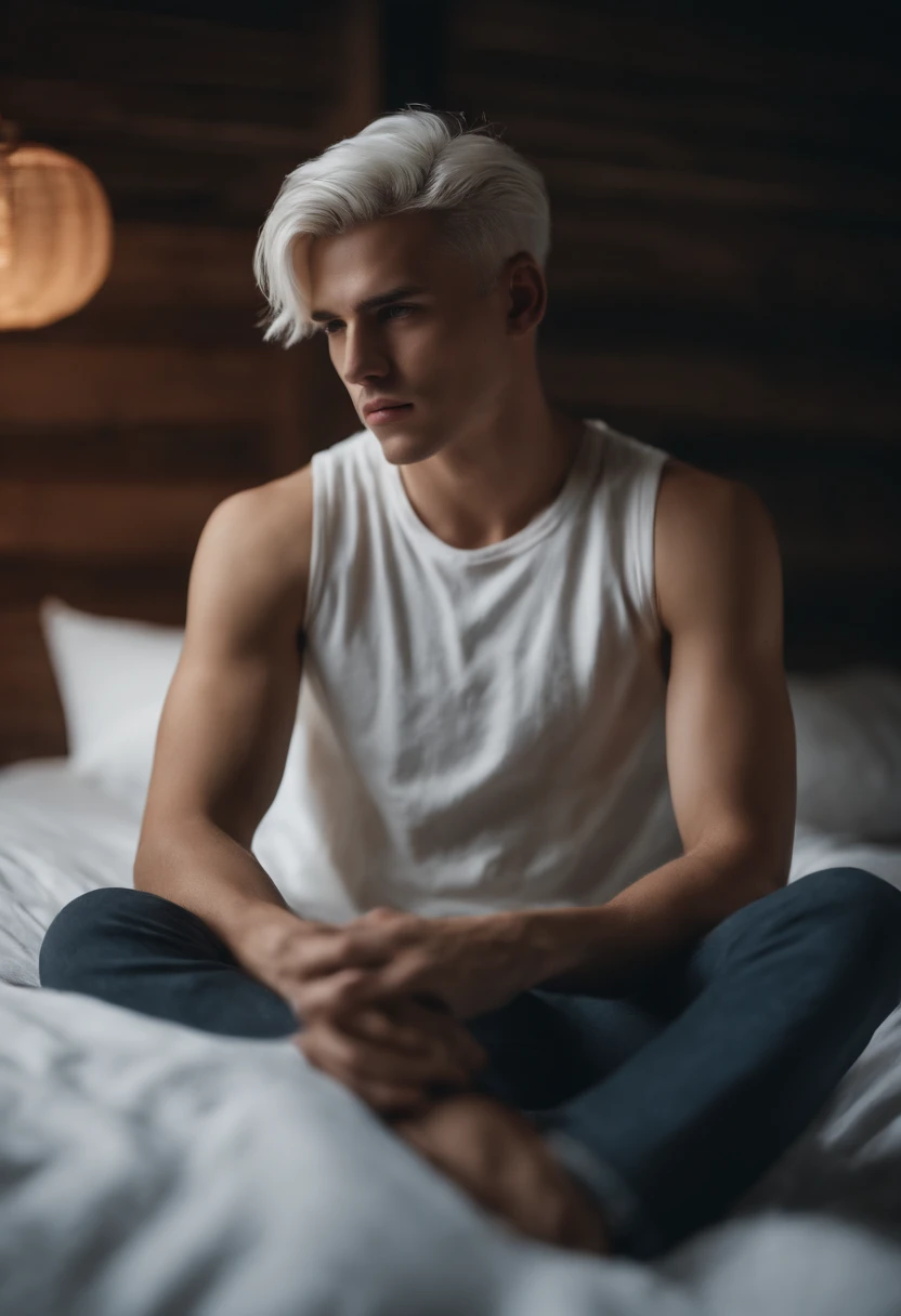 20-year-old male with white  hair, two block haircut , dressed in a plain white tank top, lying on a bed, pensive expression , soft light