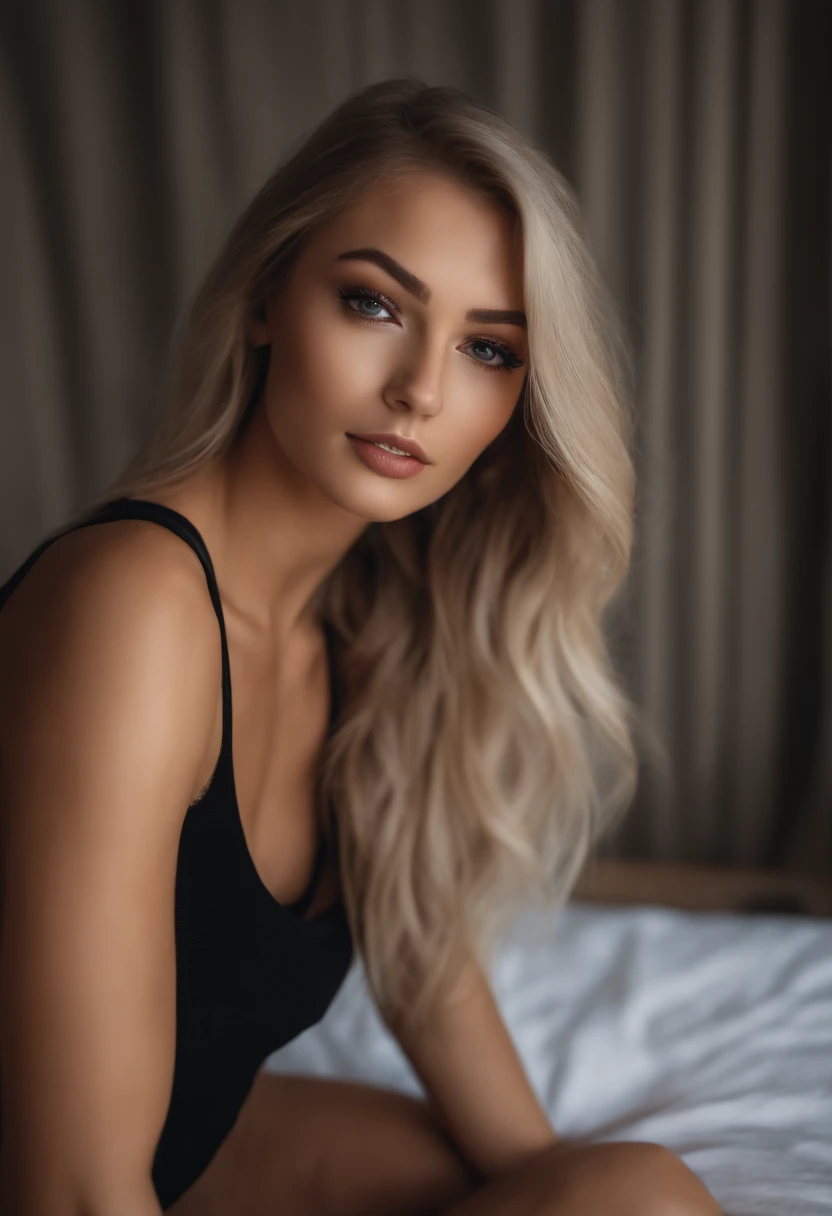 oman with matching tank top and panties, fille sexy aux yeux bleus, Portrait Sophie Mudd, Portrait de Corinna Kopf, cheveux blonds et grands yeux, selfie of a young woman, ohne Maquillage, maquillage naturel, Look directly into the camera, Visage avec Artgram, dezentes Maquillage, Superbe photo du corps entier, dans la chambre, gros seins, Blonde, Latin