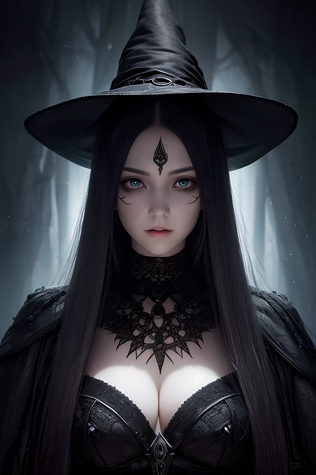 Highly detailed portrait of a witchcraft girl, wearing a dark costume, haunting, greebles, symmetrical face, symmetrical eyes, looks into the camera, stunning photography, photorealistic, art station, soft pastel colours, highly detailed, intricate, path tracing, illustration, insanely detailed, shadow mapping volumetric light, specular lighting