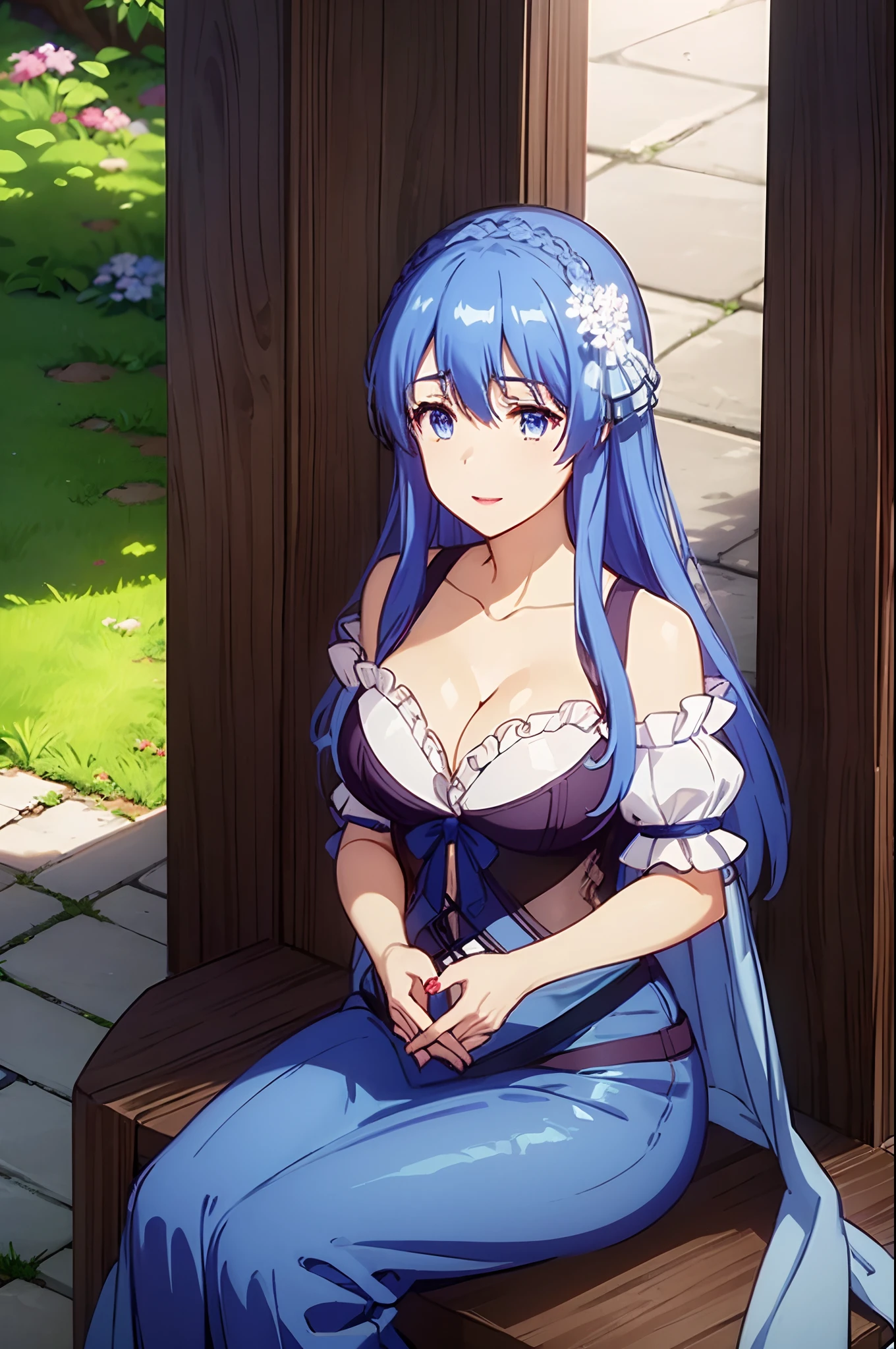 (masterpiece:1.2),(ambient soft lighting:1.2),beautiful,intricate,highly detailed digital illustration of yuexian,1girl,breasts,yae miko,blue hair,blue eyes,cleavage,solo,long hair,looking at viewer,jewelry,bangs,hair ornament,dress,red nails,hair between eyes,nail polish,wide sleeves,necklace,blush,crop top,navel,parted lips,petals,magical forest,( Sitting with hands forming a heart shape :1.2),long skirt,smiling,long shot,dreamlike setting,eerie,beautiful,colorful,cheerful,,disgust