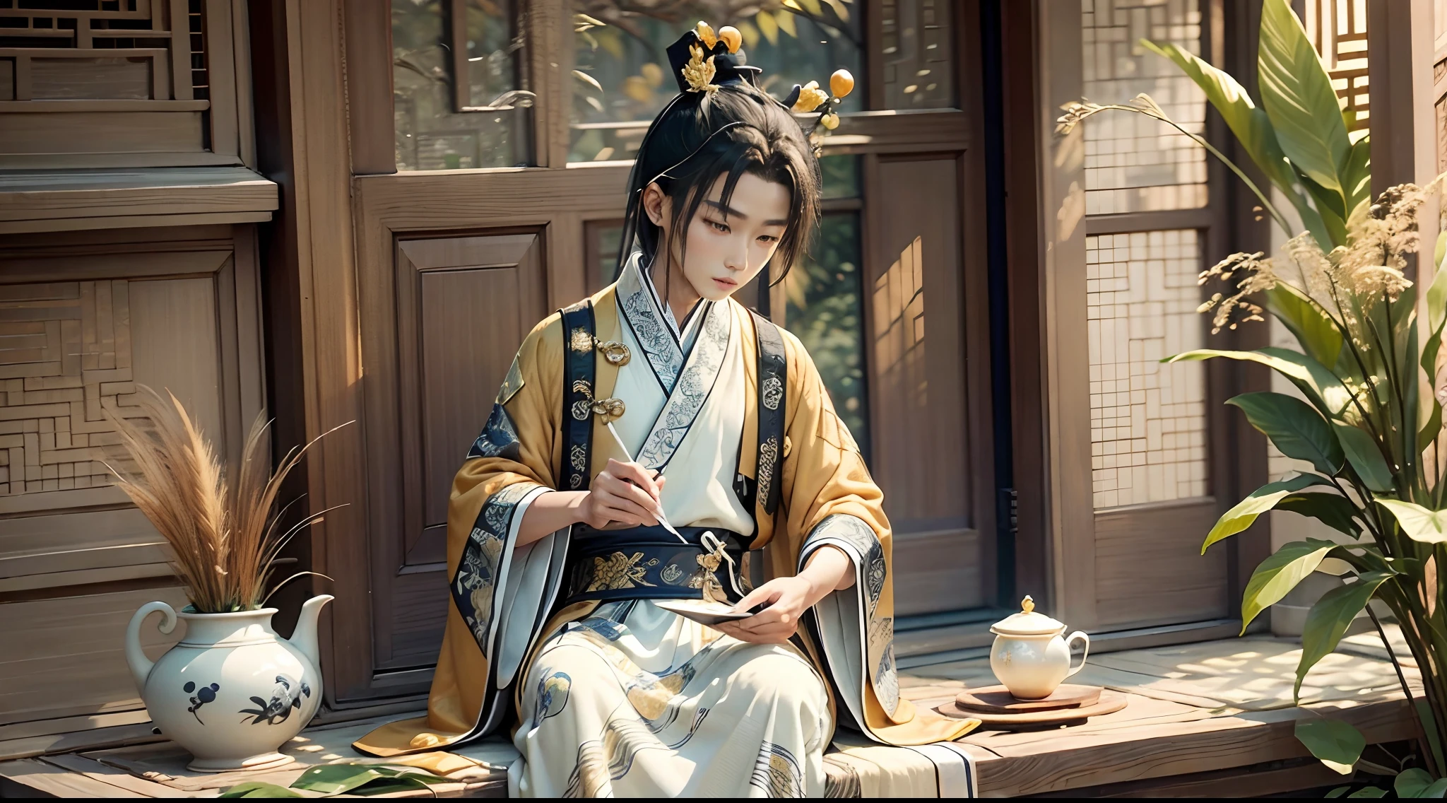 A 9-year-old boy dressed in orange，Reading in a persimmon orchard, A stone table, A teacup, Tang dynasty children's hairstyle, Wearing a white robe, Jade around the waist, and tulle fabric with streamers, Ayara satin，Wide skirt, Streamer decoration，refined demeanor, Poetic and picturesque, A boy in Chinese clothing，Ancient Chinese prince，with acient chinese clothes，The sunny season is the harvest season in autumn，The atmosphere of the picture should render the feeling of autumn，Cover palms，Avoid drawing hands，Avoid women's headgear