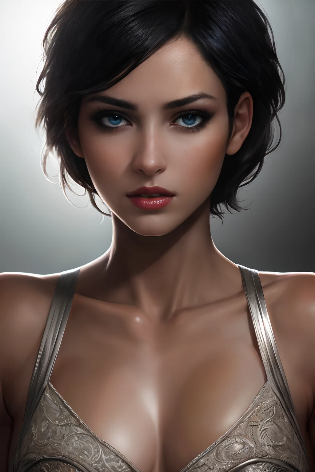 Photorealistic Ada Wong, detailed short messy black hair, mid shot, Detailed skin, detailed body, muscular, voluptous, solo, wearing Sun Dress, blue eyes, Natural Skin Texture, skin detail, shiny skin, shiny glossy skin, glossy skin, oily skin, Mediterranean tan, high contrast, realistic skin, skin pores, intricate detail, black background, high contrast, realistic skin, skin pores, intricate detail, raw photo, mature female, glossy lips, luscious lips, pretty nose, lifelike rendering, immersive atmosphere, chiaroscuro, moody lighting, perfect female body, realistic skin, skin pores