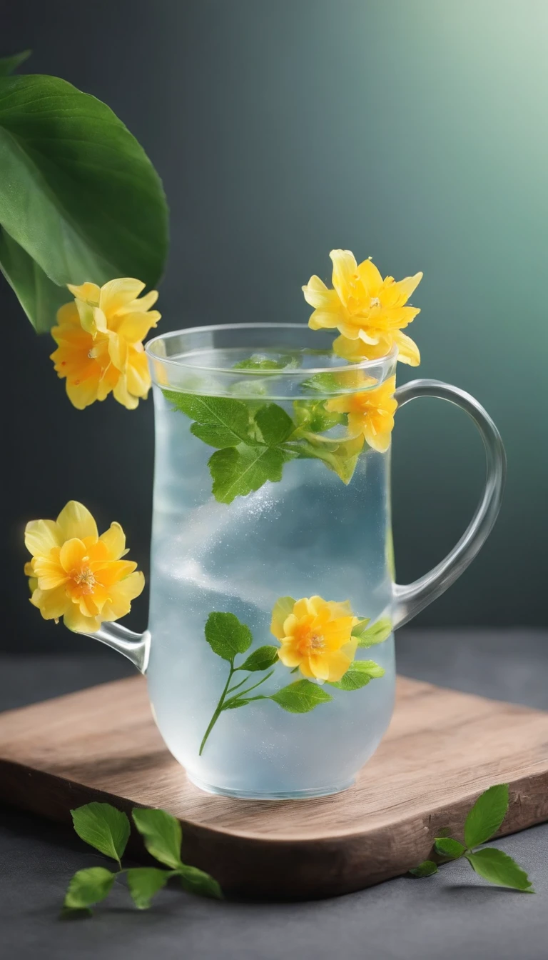 Middle transparent water cup,The environment is surrounded by flowers and plants
