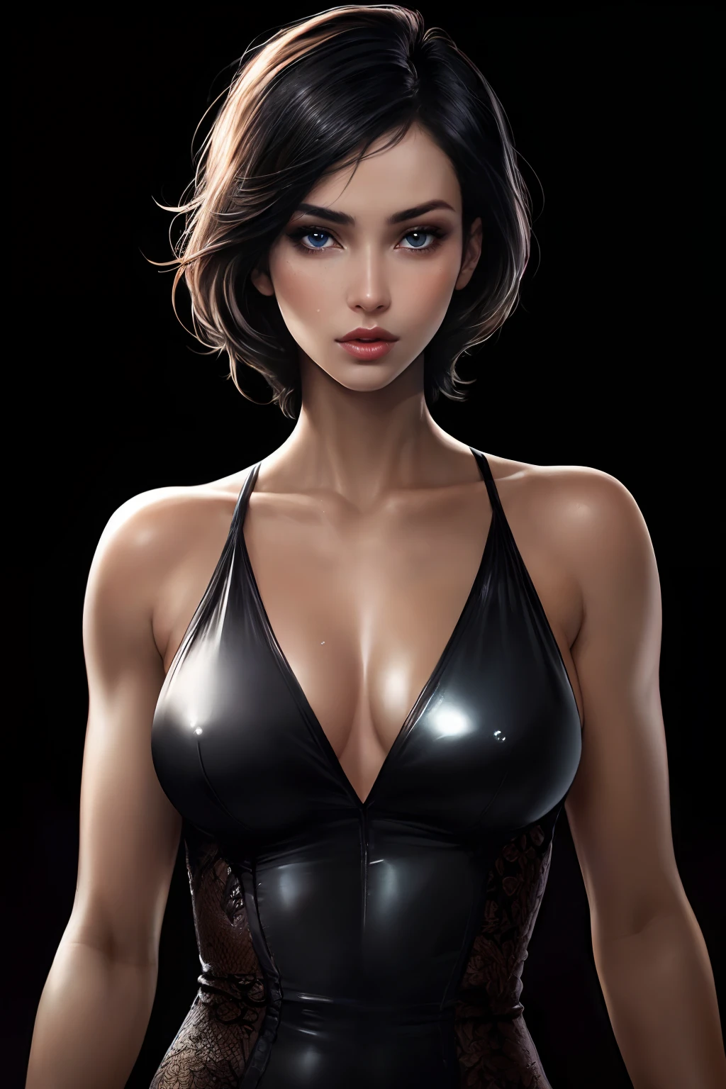 Photorealistic Ada Wong, detailed short messy black hair, mid shot, Detailed skin, detailed body, muscular, voluptous, solo, wearing Sun Dress, blue eyes, Natural Skin Texture, skin detail, shiny skin, shiny glossy skin, glossy skin, oily skin, Mediterranean tan, high contrast, realistic skin, skin pores, intricate detail, black background, high contrast, realistic skin, skin pores, intricate detail, raw photo, mature female, glossy lips, luscious lips, pretty nose, lifelike rendering, immersive atmosphere, chiaroscuro, moody lighting, perfect female body, realistic skin, skin pores