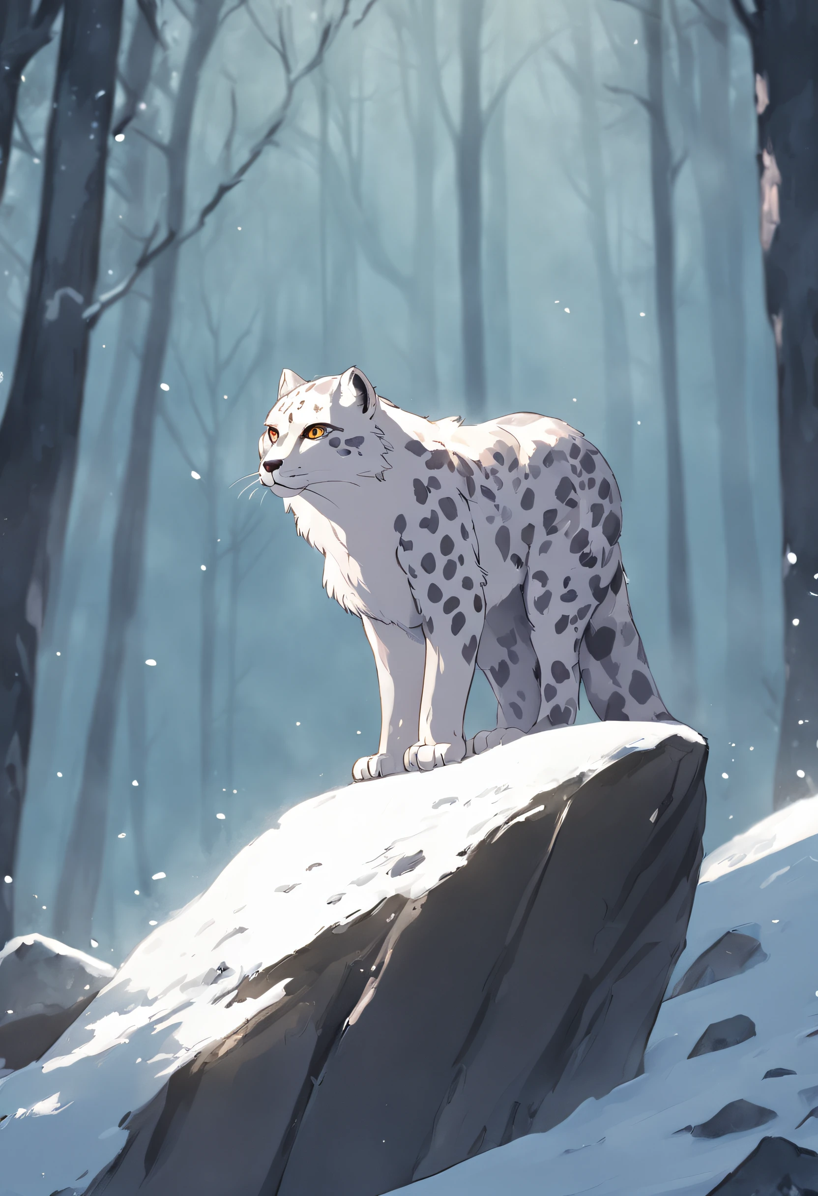 snow leopard standing on a rock in the snow in a forest, animal raposa, raposa, raposa bonito, Raposas, stylized - like appearance, anthropomorphic, pernas de raposa, uma bela raposa senhora, Parte Raposa, A linda raposa peluda, anthropomorphic fox, Foto de vida selvagem, entre raposas e veados