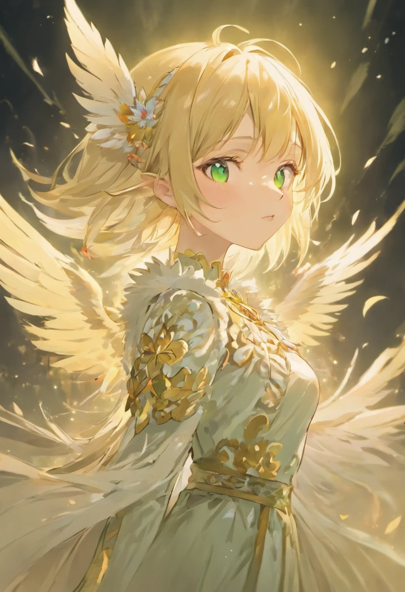 anime, anime girl, blonde, white hair, green eyes, white dress, feather, flower, hair, feather, feather, feather, feather, feather,, elf girl, elf princess, beautiful and elegant elf queen, portrait of an elf queen, an elf queen, elf girl wearing an flower suit, a portrait of an elf, beautiful fantasy anime