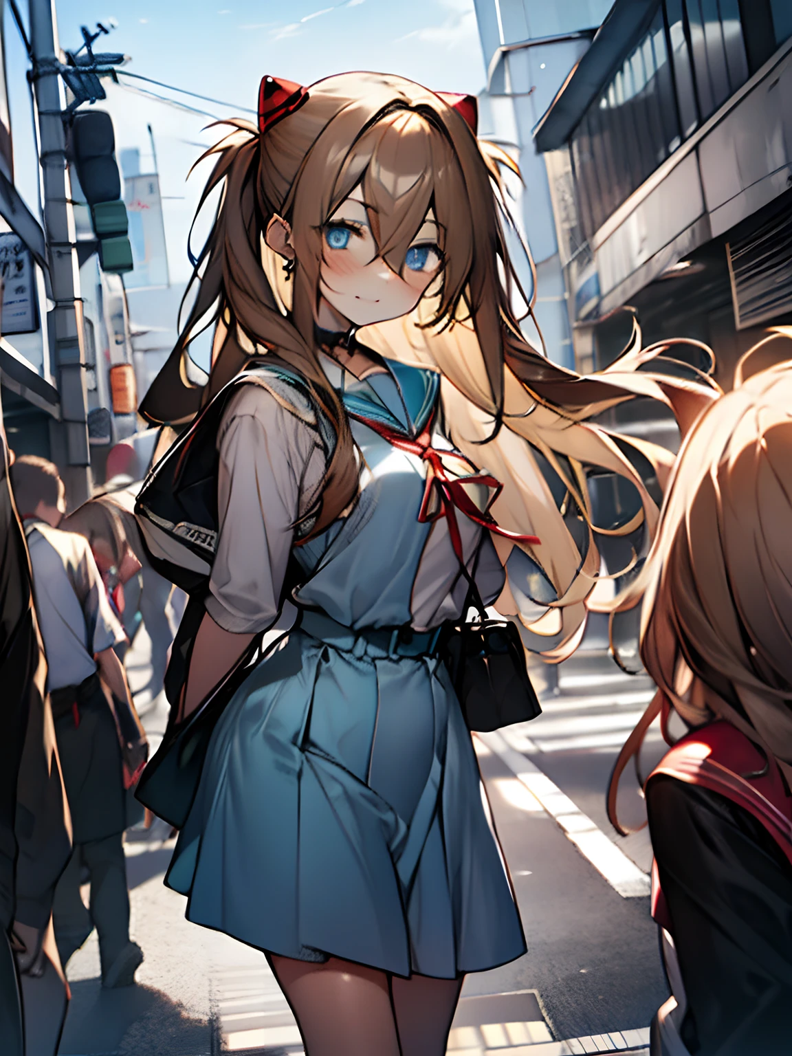 Asuka Langley Soryu，Blue eyes，hair between eyes，headware，Interface headset，Orange hair，Red ribbon、Ribbons、shcool uniform、skirts、Slip dress、Slip dress、Tokyo No. 3 Junior High School uniform、album artwork，Storytelling images