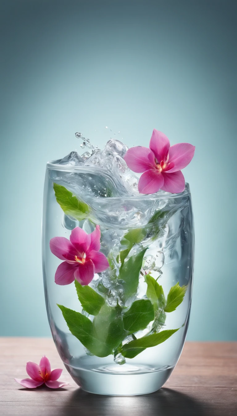 Middle transparent water cup，The environment is surrounded by flowers and plants