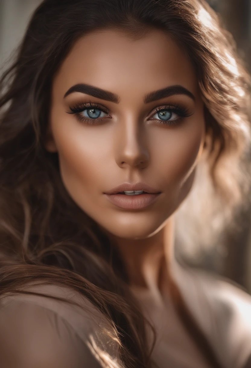 Arafed woman completely tattooed on her cheek , fille sexy aux yeux bruns, ultra realist, Meticulously detailed, Portrait Sophie Mudd, cheveux bruns et grands yeux, selfie of a young woman, Dubai Eyes, Violet Myers, sans maquillage, maquillage naturel, looking straight at camera, Visage avec Artgram, Maquillage subtil, Great photo of the whole body kneeling on the bed, dans la chambre, Medium to large bust