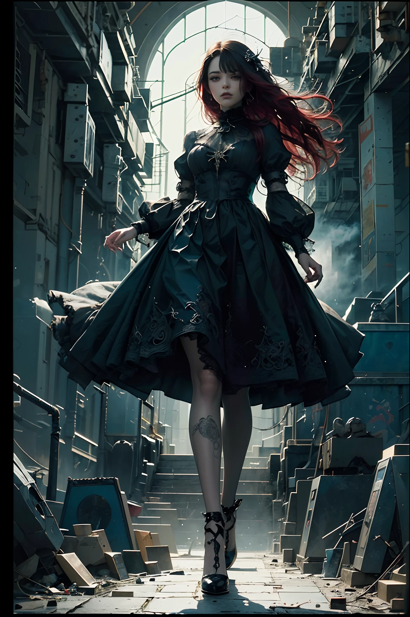 (Best Quality,4K,High resolution), 18yo woman, Red mesh hair on black hair, Long hair, Straight hair, , Comical appearance,(Best Quality,4K,High resolution), Swaying in the wind A melody that resonates in you shaking Disappear in a dream A melody that resonates in you Fallen Tokete,inattention,Full body close-up,,Delicate illustrations drawn in detail,Clothes with intricate decorations, Realistic portrayal,,luminous sky,Vibrant colors,Gothic expression,Classic background