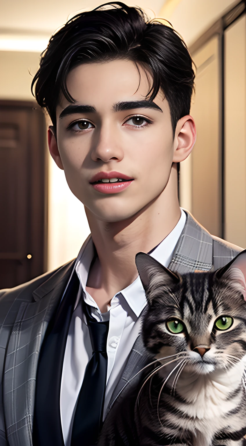 (((Men only))), ((head shot)), (Pietro Boselli), ((very short hair)), (((with cat in the front))), (((Bengal))), (wearing dress shirt), ((Handsome muscular male man in his 20s)), (Big smile), (detaile: 1 in 1), Natural muscles, HIG quality, beautidful eyes, (Detailed face and eyes), (Face、: 1 / 2), Noise, Real Photographics、... .......................................................................................................................PSD, Sharp Focus, High resolution 8K, realisitic & Professional Photography, 8K UHD, Soft lighting, High quality, Film grain, FujifilmXT3