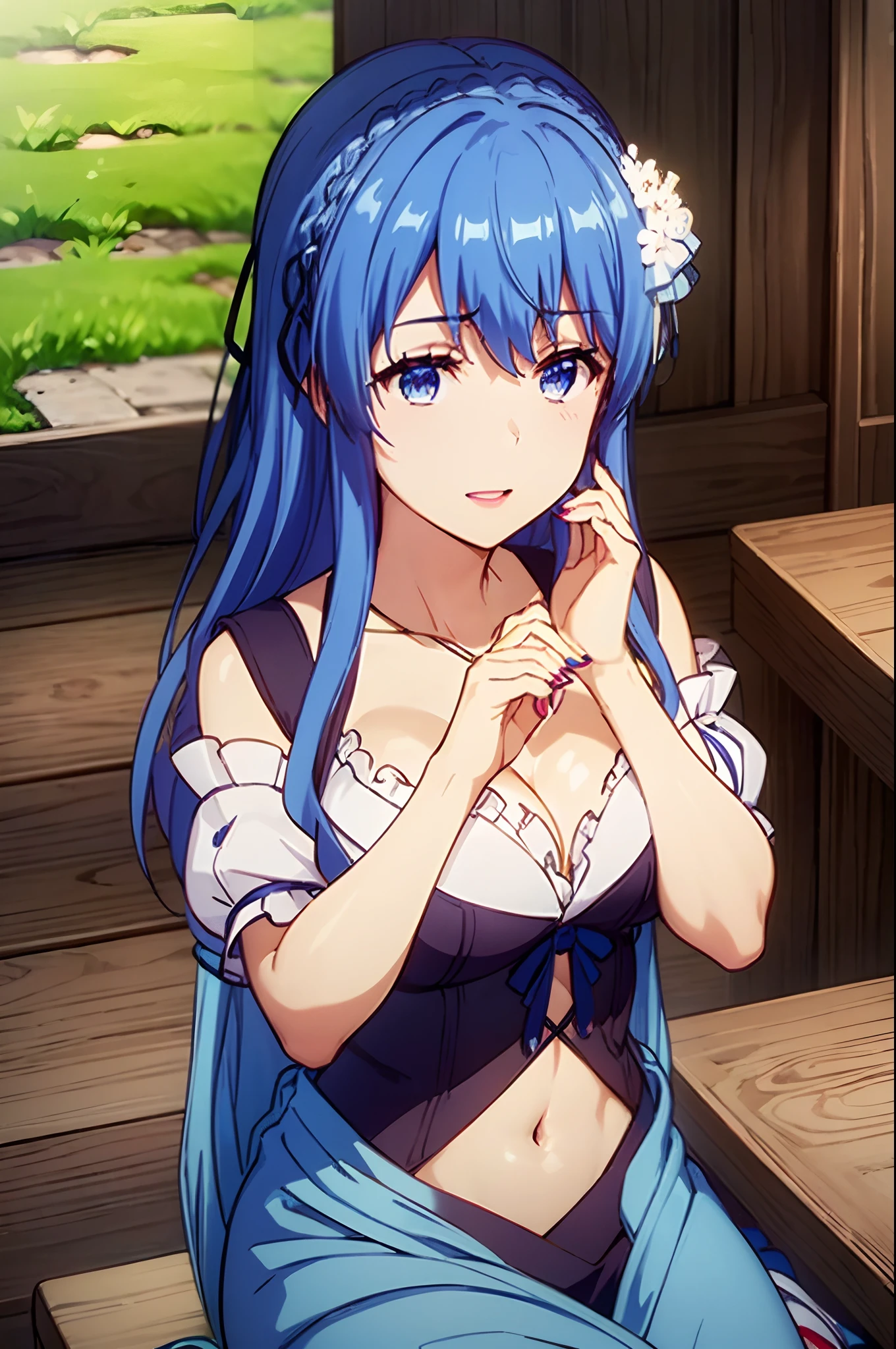 (masterpiece:1.2),(ambient soft lighting:1.2),beautiful,intricate,highly detailed digital illustration of yuexian,1girl,breasts,yae miko,blue hair,blue eyes,cleavage,solo,long hair,looking at viewer,jewelry,bangs,hair ornament,dress,red nails,hair between eyes,nail polish,wide sleeves,necklace,blush,crop top,navel,parted lips,petals,magical forest,( Sitting with hands forming a heart shape :1.2),long skirt,smiling,long shot,dreamlike setting,eerie,beautiful,colorful,cheerful,,disgust