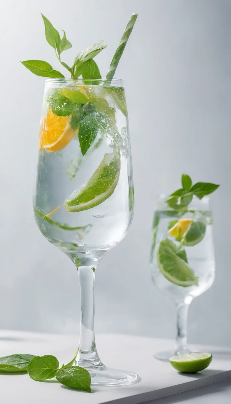 Middle transparent water cup,The environment is surrounded by flowers and plants