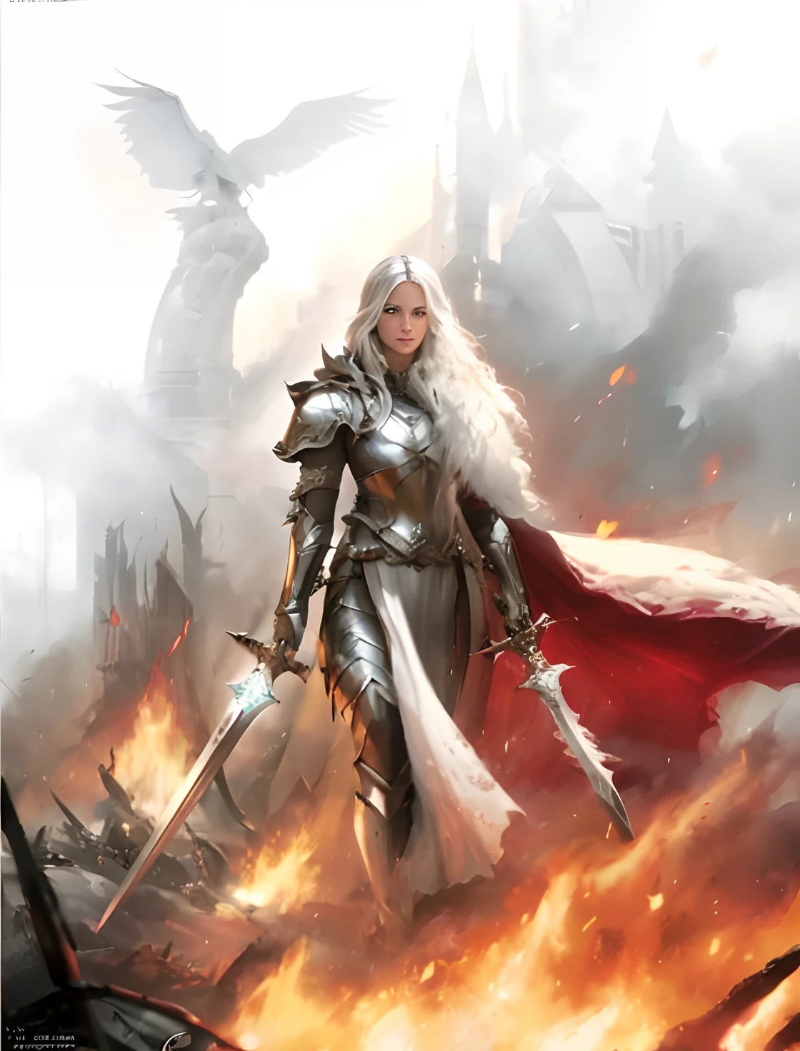 a woman with a sword in her left hand and a sword in her right hand walking through a fire, fantasy paladin woman, a beautiful silver white haired female knight, graphic artist magali villeneuve, gorgeous female paladin with a menacing smile, high quality fantasy art, epic fantasy character art, (realistic, photo-realistic:1.37), (insanely detailed:1.3), 8k, (masterpiece), (best quality:1.4), (ultra high res:1.2), (RAW photo:1.2), professional lighting, cinematic realism