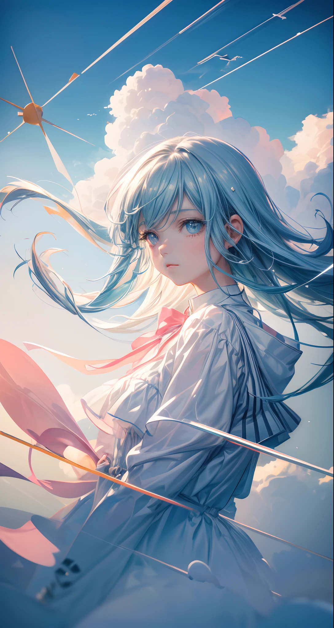 masterpiece, best quality, movie still, 1girl, floating in the sky, cloud girl, cloud, (close-up:1.1), bright, happy, fun, soft lighting, (Bauhaus, shapes, lines, abstract:1.1)