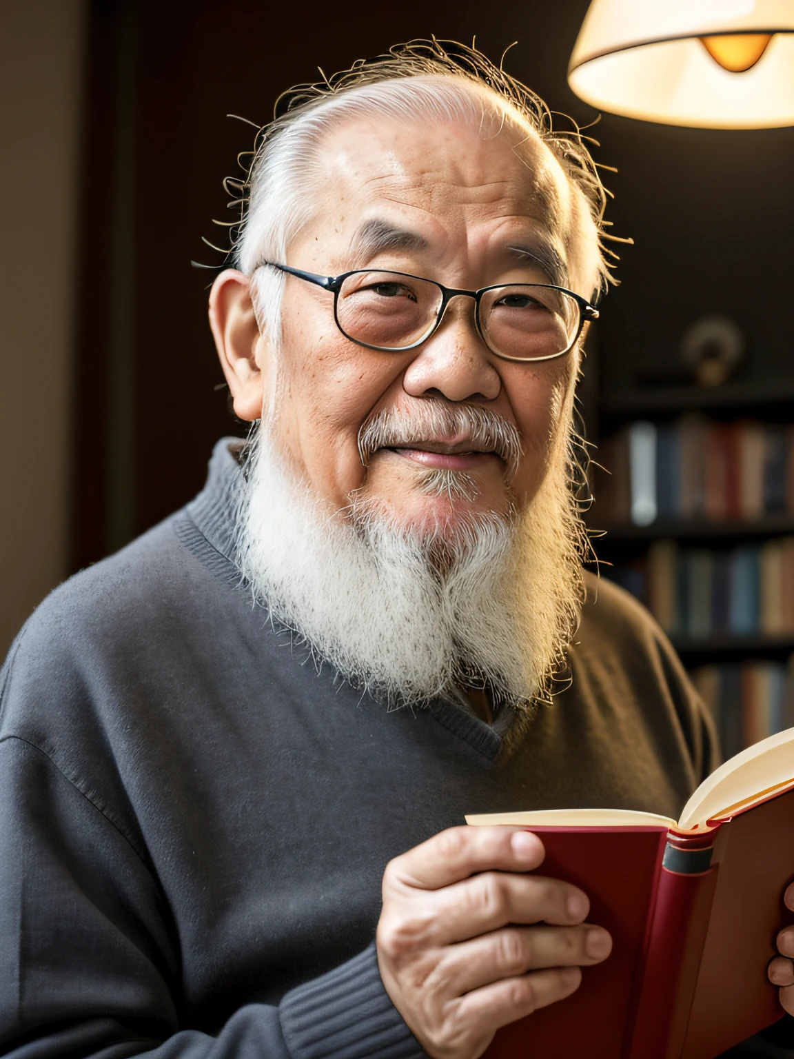 Hyper-Resolution, Ultra photo realsisim, cinema shot, An 80-year-old Asian father,Look at the viewer,Elderly father,Books in hand,Spiritual elderly,Single image, Short white hair,White Viking beard, Wide shoulders, High focal length, Bust photo,Faraway view,Digital SLR, Dark Studio, rim lit, twotonelighting, Dimly lit, low tune, Backlight,