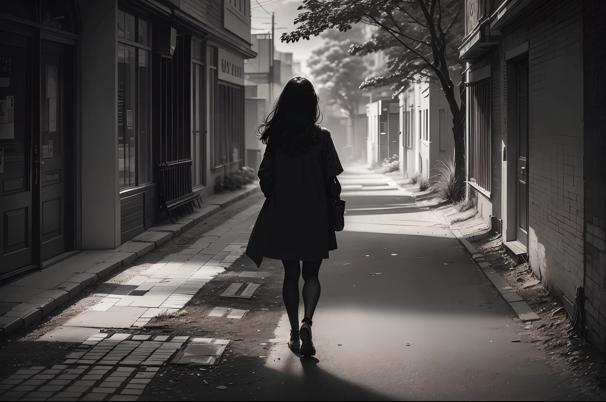 Create a street photograph of a woman walking on a lonely street, captured in a style that emphasizes shadows and contrast. The woman should be dressed in a simple outfit, preferably with a bold color that stands out against the muted tones of the surrounding environment. The buildings and trees along the street should cast long, dramatic shadows that intersect with the woman's shadow, creating an intricate pattern that adds depth and visual interest to the composition. The atmosphere should be moody and contemplative, with a focus on the subtle beauty of everyday life. Use a high contrast color scheme to enhance the sense of drama and mystery, with dark shadows and bright highlights that draw the viewer's eye to the woman's figure. Keep the color palette minimal and subdued, using mostly neutral tones with occasional pops of saturated color to add warmth and vibrancy to the scene. The overall effect should be one of quiet reflection and introspection, inviting the viewer to pause and appreciate the beauty in the ordinary moments that make up our lives.