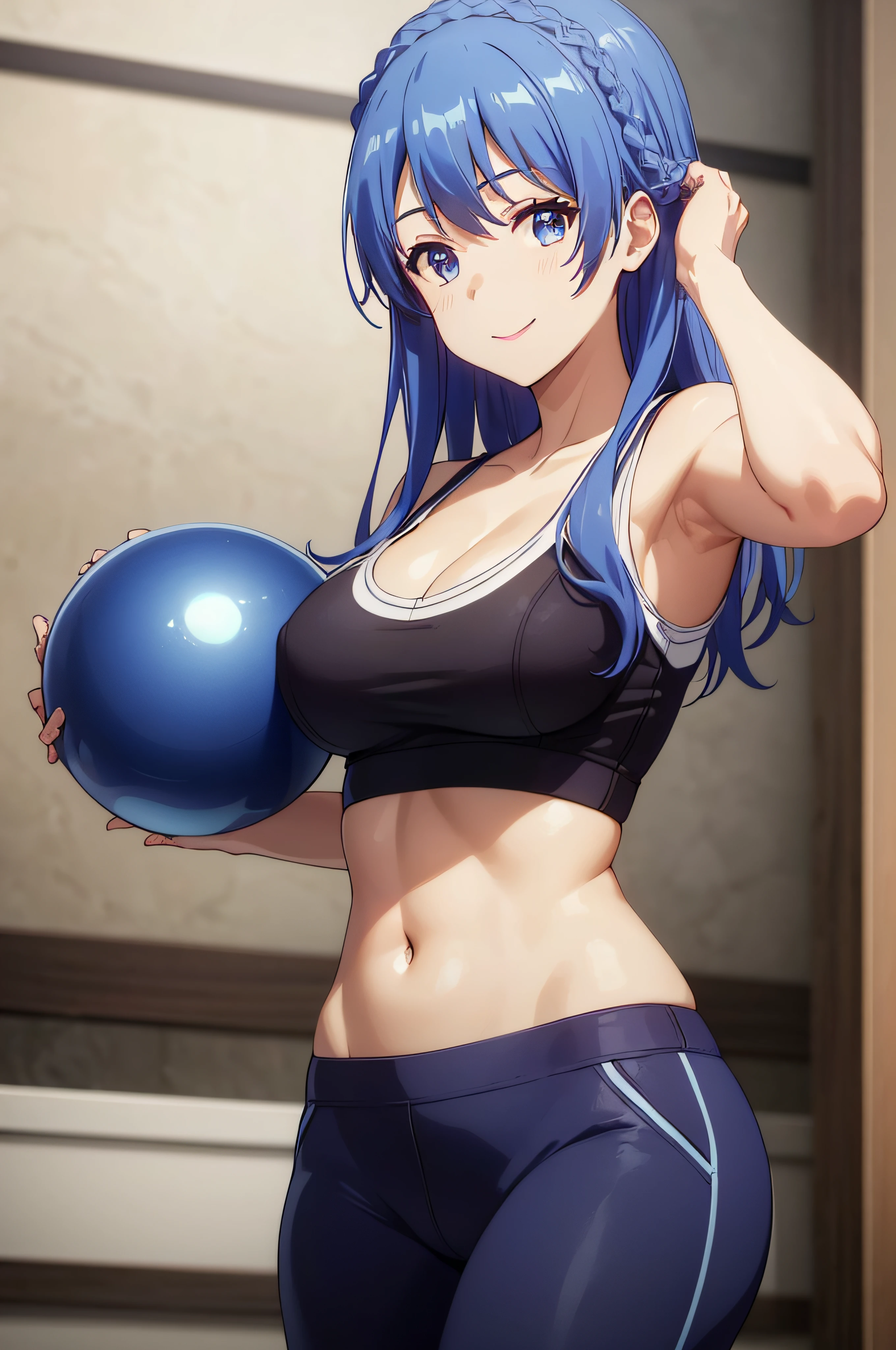 masterpiece, best quality, photorealistic, yujiasuit, yoga sports bra, yoga pants, 1girl, solo, blue hair, yoga ball, pants, looking at viewer, smile, green sports bra, simple background, brown eyes, midriff, long hair, breasts, green pants, sportswear, tank top, upper body,