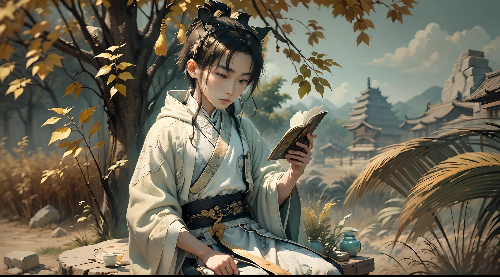 A 9--old  dressed in orange，Reading in a persimmon orchard, A stone table, A teacup, Tang dynasty children's hairstyle, Wearing a white robe, Jade around the waist, and tulle fabric with streamers, Ayara satin，Wide skirt, Streamer decoration，refined demeanor, Poetic and picturesque, A boy in Chinese clothing，Ancient Chinese prince，with acient chinese clothes，The sunny season is the harvest season in autumn，The atmosphere of the picture should render the feeling of autumn，Cover palms，Avoid drawing hands，Avoid women's headgear