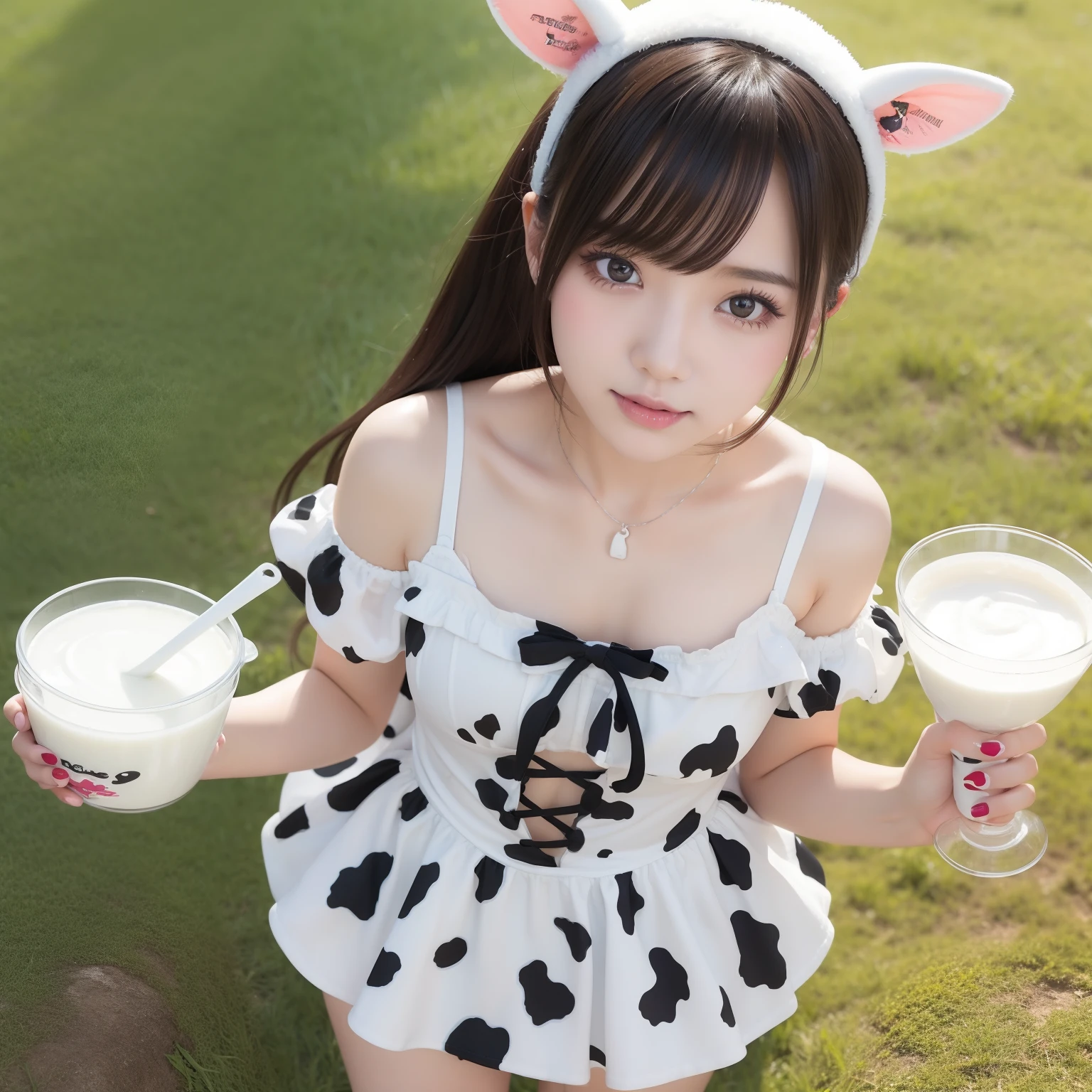 Female idol covered in milk(Cute costume with cow print)、Reluctant、full body Esbian、Pasture