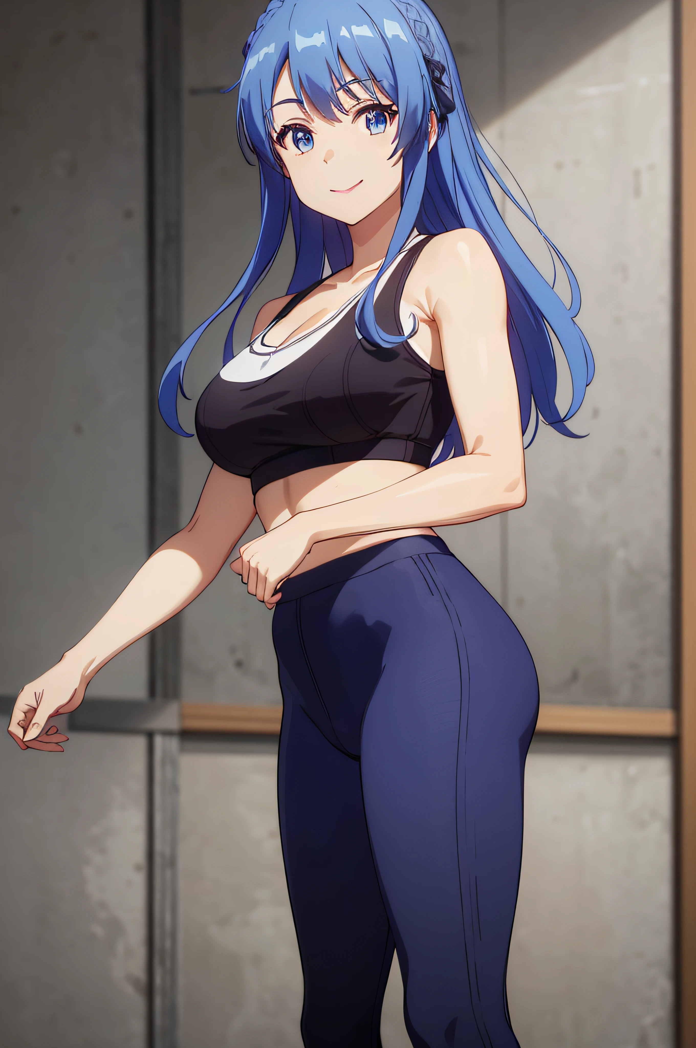 masterpiece, best quality, photorealistic, yujiasuit, yoga sports bra, yoga pants, 1girl, solo, blue hair, yoga ball, pants, looking at viewer, smile, green sports bra, simple background, brown eyes, midriff, long hair, breasts, green pants, sportswear, tank top, upper body,