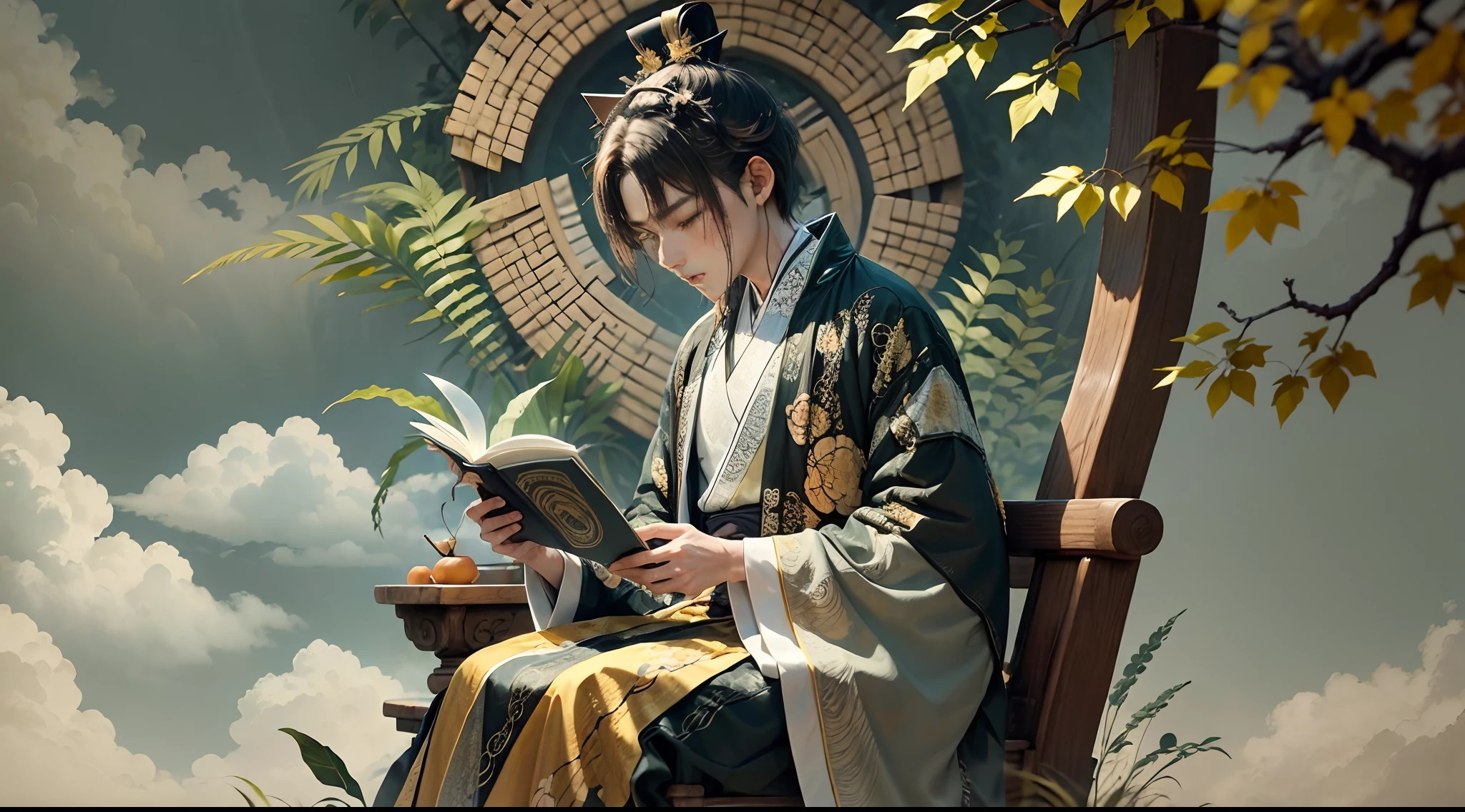 A 9-year-old boy dressed in orange，Reading in a persimmon orchard, A stone table, A teacup, Tang dynasty children's hairstyle, Wearing a white robe, Jade around the waist, and tulle fabric with streamers, Ayara satin，Wide skirt, Streamer decoration，refined demeanor, Poetic and picturesque, A boy in Chinese clothing，Ancient Chinese prince，with acient chinese clothes，The sunny season is the harvest season in autumn，The atmosphere of the picture should render the feeling of autumn，Cover palms，Avoid drawing hands，Avoid women's headgear