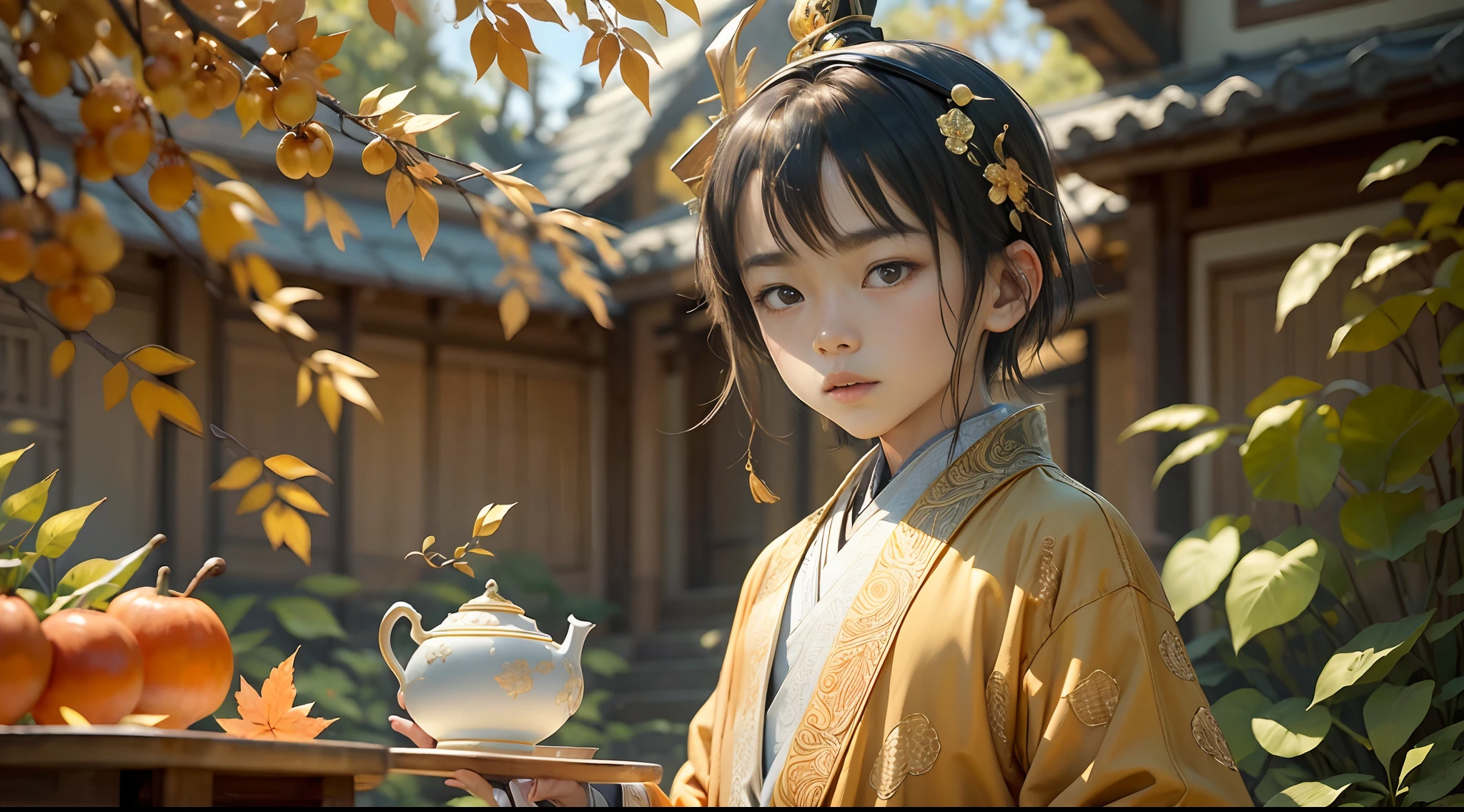 A 9-year-old boy dressed in orange,Practice martial arts in a persimmon garden, A stone table, A teacup, Tang dynasty children's hairstyle, All around are all kinds of weapons,Wearing a white robe, Jade around the waist, and tulle fabric with streamers, Ayara satin,Wide skirt, Streamer decoration,refined demeanor, Poetic and picturesque, A boy in Chinese clothing,Ancient Chinese prince,with acient chinese clothes,The sunny season is the harvest season in autumn,The atmosphere of the picture should render the feeling of autumn,Cover palms,Avoid drawing hands,Avoid women's headgear