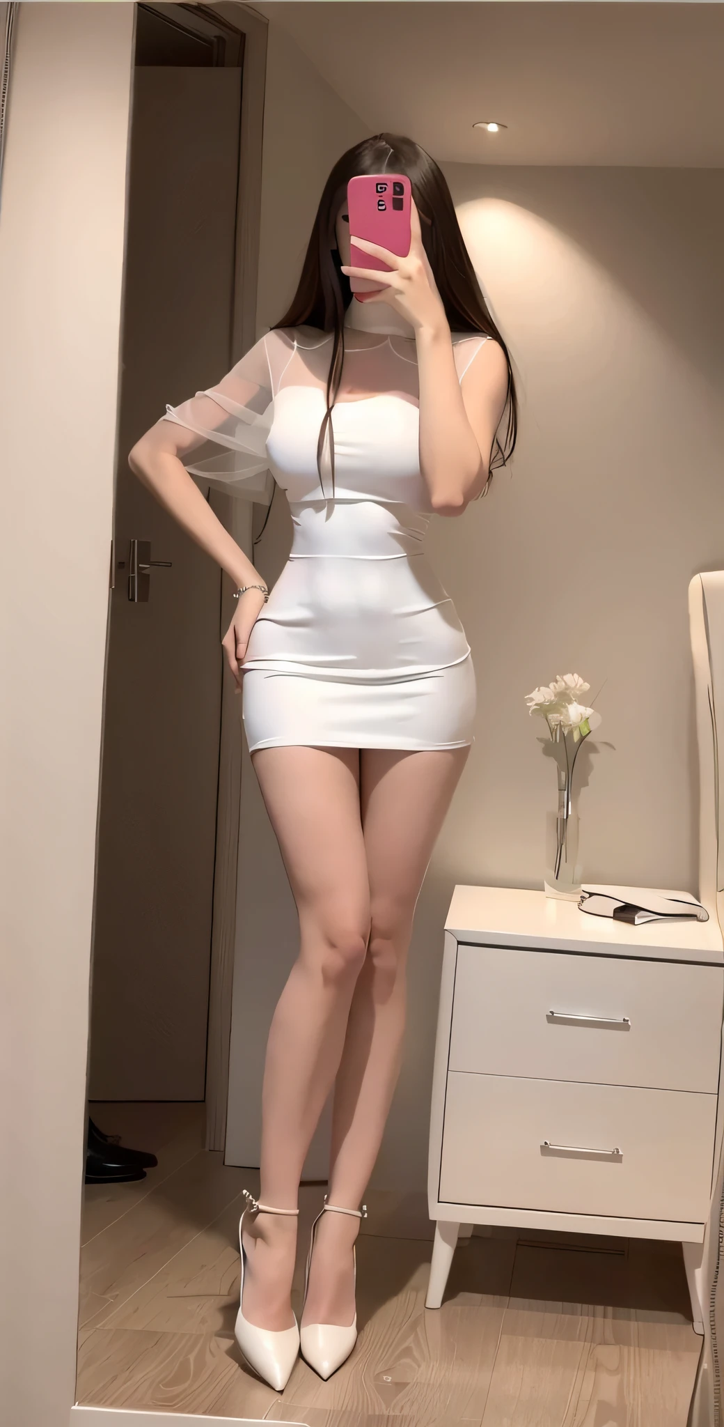 (top-quality, masterpiece: 1.1), 1girl in, The whole body from head to toe, In the hustle and bustle of the city, Pose backwards with your butt sticking out, 25 year old beauty, she is wearing a revealing slit dress......, Bewitching waist, sexypose, Looking at the camera, Transparent solid slit dress, Transparent solid slit dress with plunging neckline, No bra, Sexy Beauties, Nipple protrusions reflected in a transparent three-dimensional slit dress, Crystal clear white skin, Gold accessories on hands and feet, sweat all over, Black stockings, high-heels,