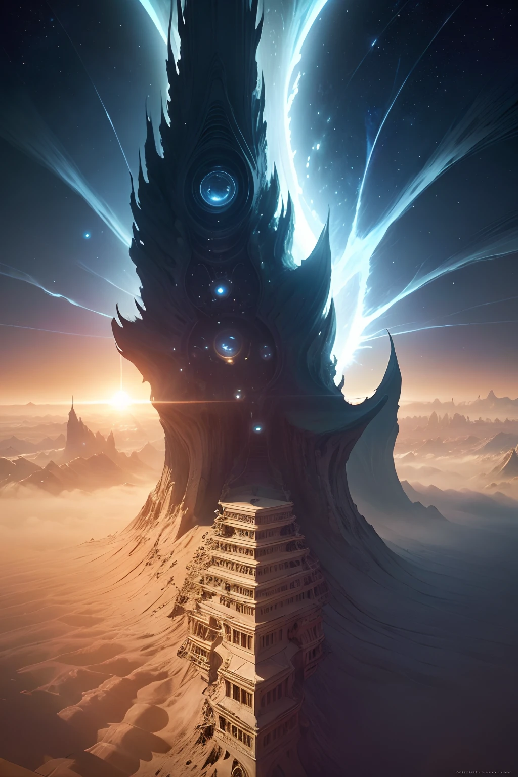 The farthest planet from the Sun. top down view. A lot of giant creatures with very long thin tentacles of unusual shape hover over a very ancient alien city, Alien art, many details, Fantasy art, surreal, hypermaximalist. The bright sun shines in the eyes. foggy background