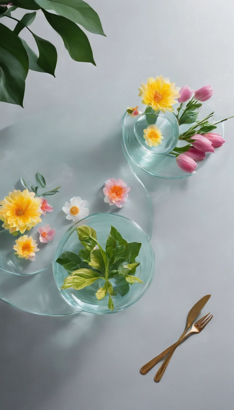 Middle transparent glass table，The environment is surrounded by flowers and plants