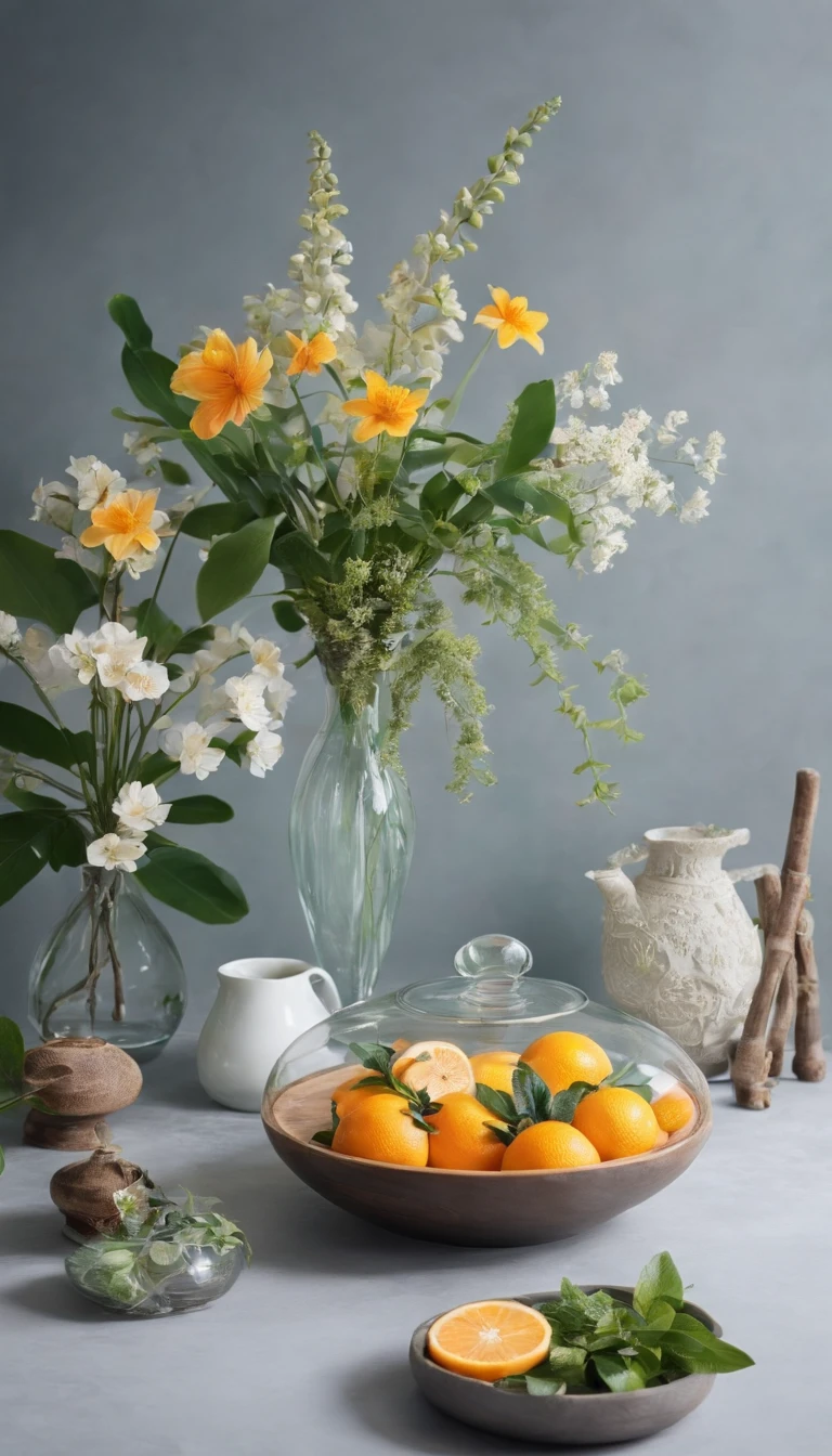 Middle glass table,The environment is surrounded by flowers and plants