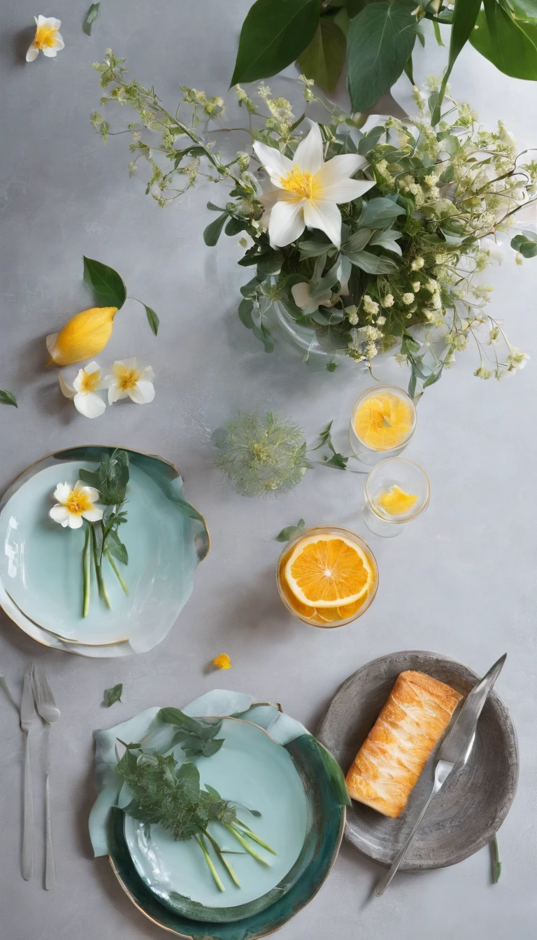 Middle glass table，The environment is surrounded by flowers and plants