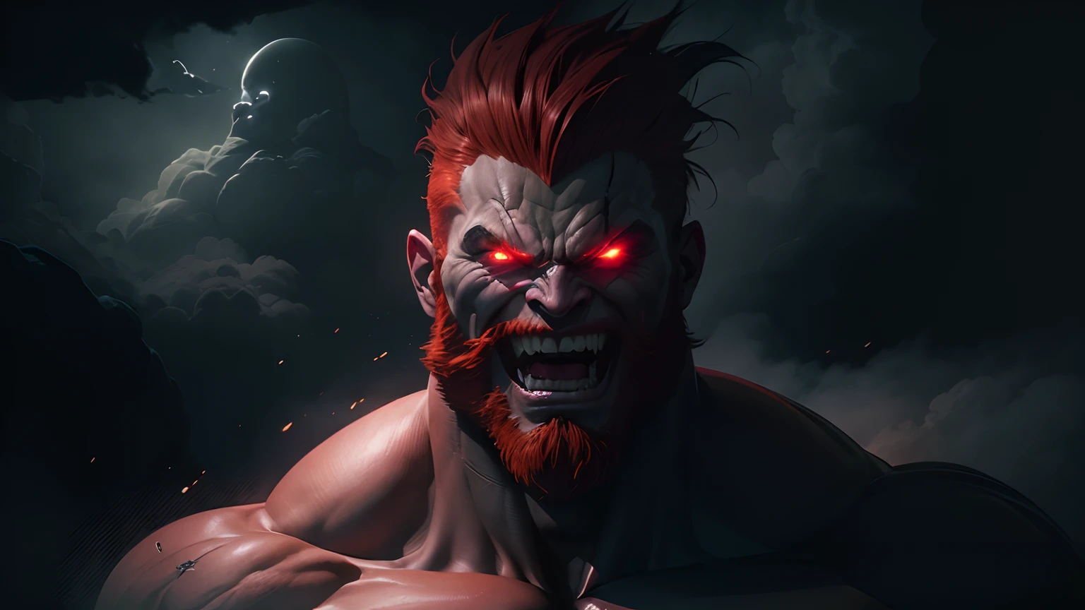 (high quality,ultra-detailed,realistic:1.37),gigantic muscular man,larger than planet Earth,fiery red hair,with beard,evil,malevolent,laughing loudly,night scene,dramatic lighting,ominous atmosphere,destructive power,dark background,glowing red eyes,evil grin,fiery aura,menacing presence,enormous physique,strong and powerful,evil laughter,evil expression,evil intentions,demonic appearance,dark clouds,intense shadows,stormy sky,gloomy atmosphere,devilish,terrifying presence,daunting figure,monster,scary,horror movie vibe,demonic laugh,wicked,shadowy.