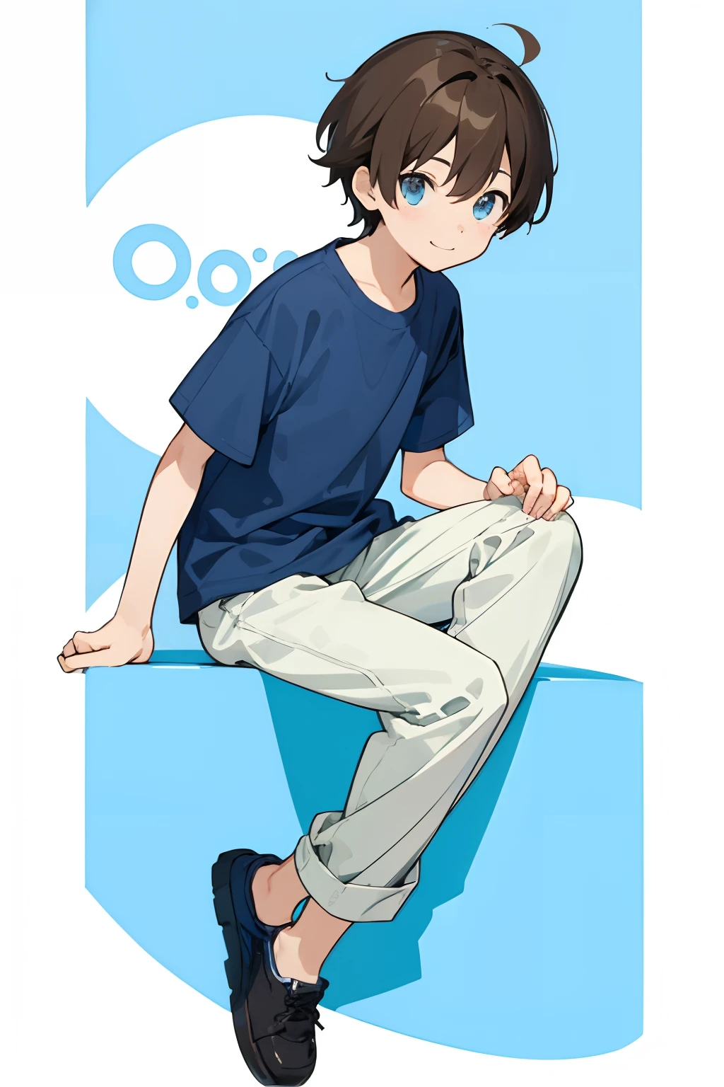 (Top quality illustrations:1.2)、(male child:1.0)、(独奏:1.0)、(Outdoor attire:1.0)、(The upper part of the body:1.0)、(ultra-detailliert) 、hight resolution、(8K:1.0) 、brown haired、light blue eyes、beautidful eyes、Cool smile、enjoyably、short pants、Knee-length pants、Physical education sitting、Dangling one leg、Put your hands on one knee、sit、Add parentheses、A young man、full body Esbian、masutepiece、white backgrounid、masterpiece、Top image quality、top-quality、Details of face、A detailed eye、looking at the viewers、high-level image quality