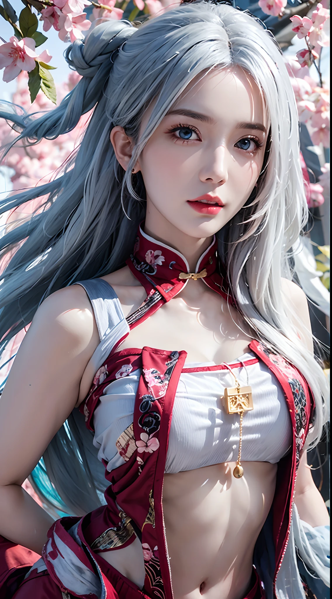 (photorealistic:1.8, highest quality:1.8,8K masterpiece:1.8,High resolution,muste piece:1.8,RAW Photos,cinematic lighting,red and purple dream colors),one goddess、(Armor Leotard、mini skirt、choker、knee high tights、loafer shoes), (beautiful and detailed blue eyes:1.7,double eyelid:1.6,Beautiful skin with glowing details:1.2),(whole body,Seen from behind:1.5), ( midium Hair:1.2,beautiful shining white hair:1.5), expression(Sly Smile:1.3,face turns red:1.3),(Moderate chest:1.3), Pause(turn away,Seductive pose:1.5), background(Bright forest with blooming flowers),Nipples are visible through the costume、anatomically correct,correct move:1.5,correct foot:1.5,4 fingers and 1 thumb in correct proportions,(cameltoe),No split screen,slender abs:1.2,(Young sensual gravure idol)