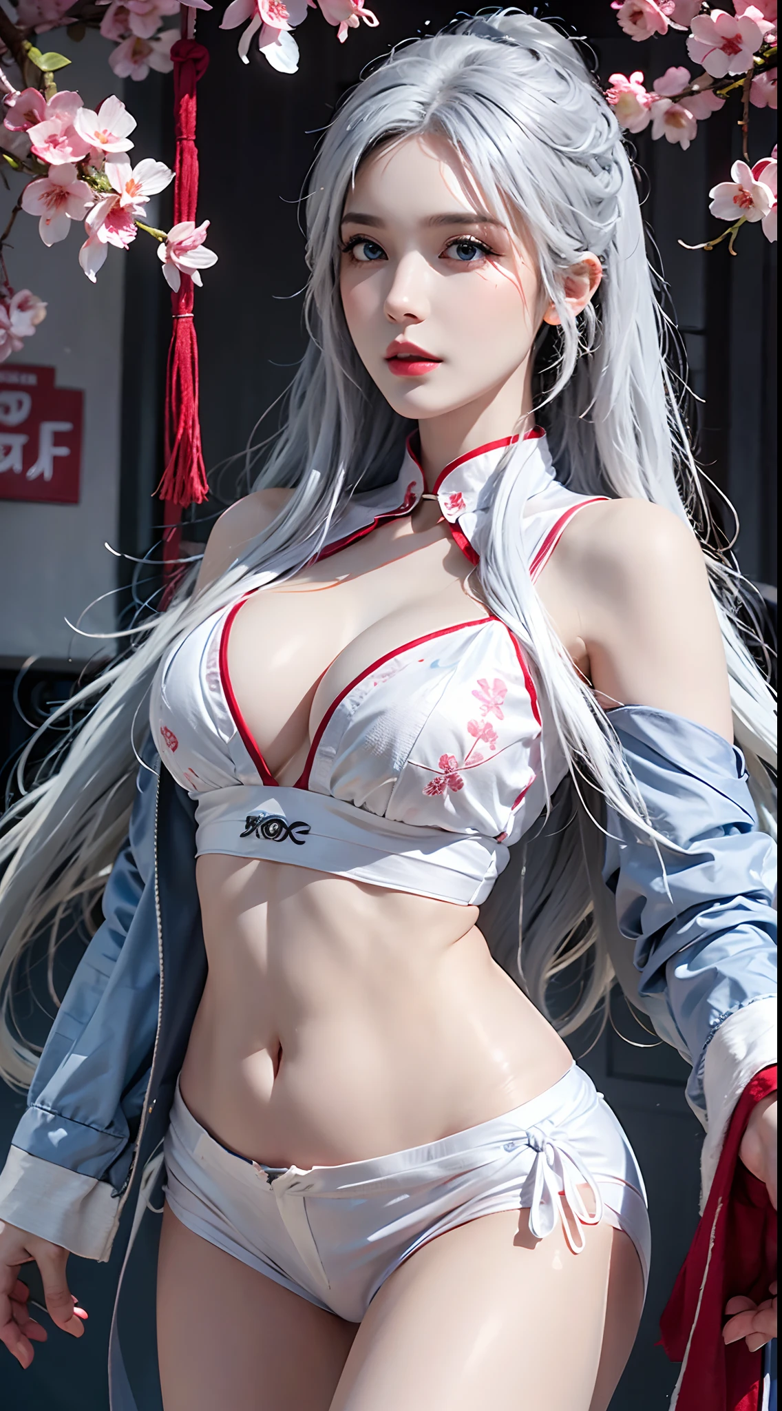 photorealistic, high resolution, soft lights, 1women, solo, hips up, blue eyes, white hair, long hair, blue eyes, red lips, jewelry, kungfu clothes, tattoo, cherry blossom