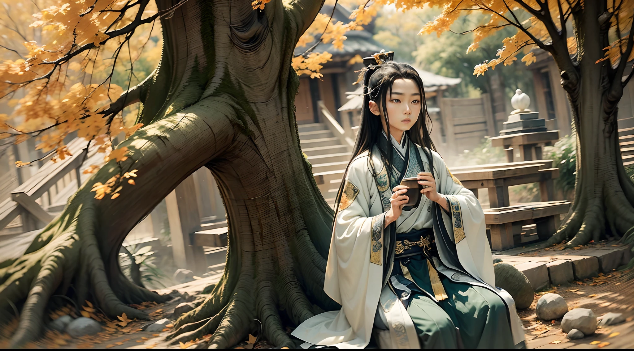 A 9-year-old boy wearing an orange outfit, practicing martial arts in a persimmon orchard. He is sitting at a stone table, with a tea cup placed in front of him. The boy has a hairstyle inspired by Tang Dynasty children, with flowing hair that covers his forehead. The surroundings are filled with various weapons, showcasing his dedication to martial arts. He is wearing a white robe, adorned with a jade belt and embellished with flowing ribbons and delicate sheer fabrics. The robe has a wide skirt and decorative ribbons, symbolizing elegance and grace. The scene is poetic and picturesque, capturing the beauty of the autumn season. The boy embodies the image of an ancient Chinese prince, dressed in traditional Chinese attire. The vibrant atmosphere reflects the abundant harvest of autumn, with sunlight shining brightly. To ensure the focus on the boy's martial arts, his hands cover his palms, preventing any distractions. Please avoid using female headwear and embrace the colors and elements that evoke the feeling of autumn.