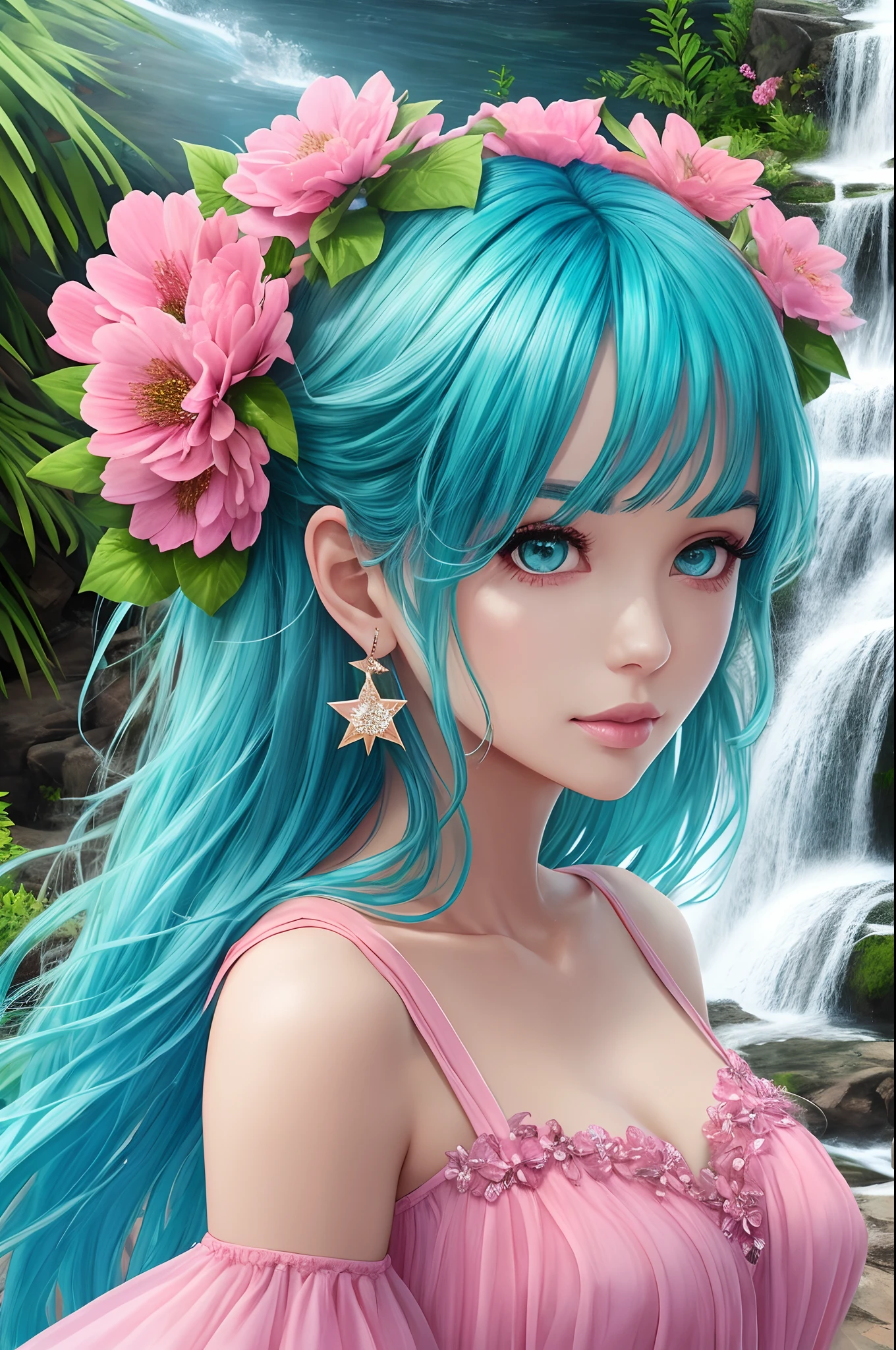 a goddess with blue aqua hair, wearing a pink dress, star earrings, flowers on head, beautiful face, gorgeous body, waterfalls background --auto --s2