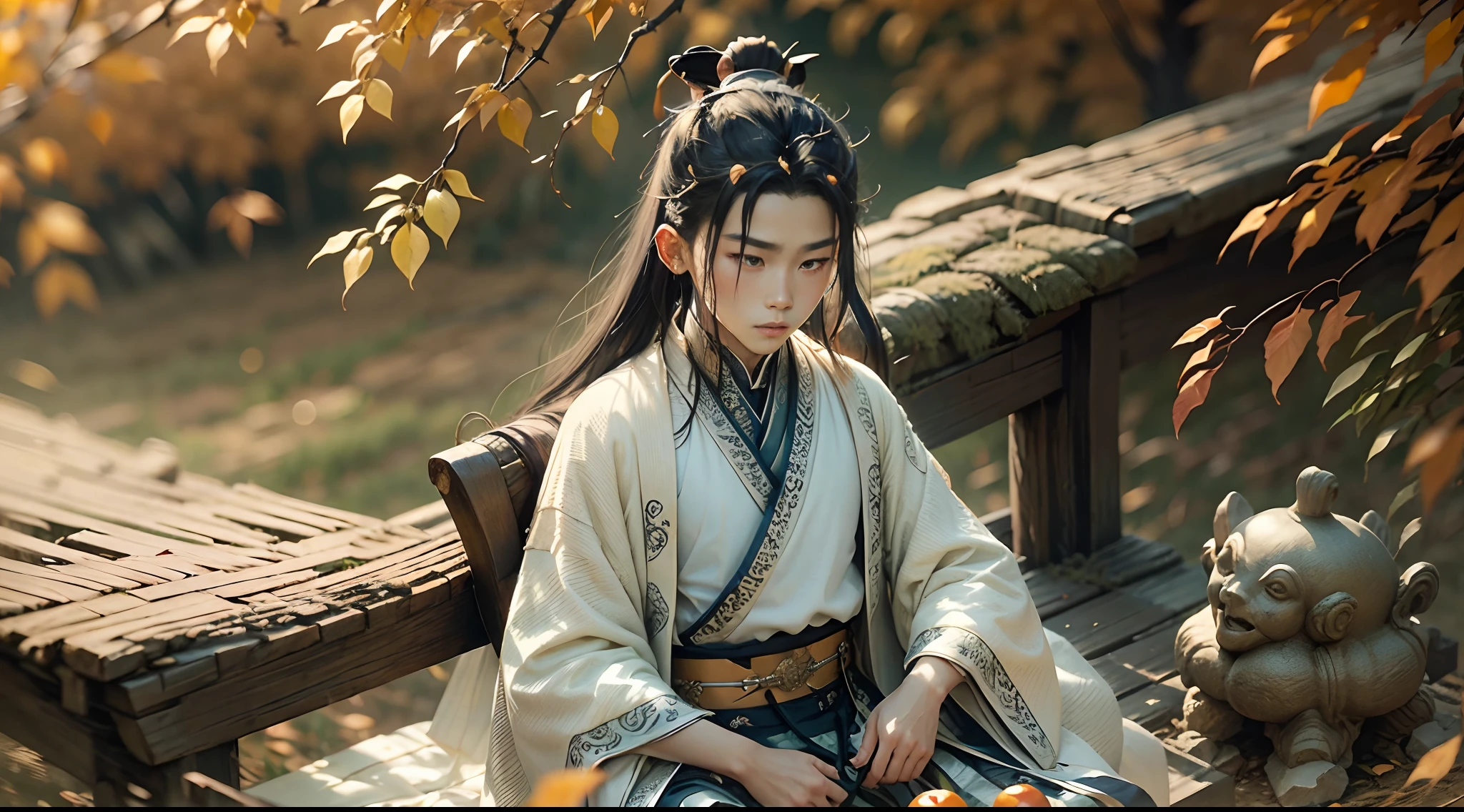 A 9--old  wearing an orange outfit, practicing martial arts in a persimmon orchard. He is sitting at a stone table, with a tea cup placed in front of him. The boy has a hairstyle inspired by Tang Dynasty children, with flowing hair that covers his forehead. The surroundings are filled with various weapons, showcasing his dedication to martial arts. He is wearing a white robe, adorned with a jade belt and embellished with flowing ribbons and delicate sheer fabrics. The robe has a wide skirt and decorative ribbons, symbolizing elegance and grace. The scene is poetic and picturesque, capturing the beauty of the autumn season. The boy embodies the image of an ancient Chinese prince, dressed in traditional Chinese attire. The vibrant atmosphere reflects the abundant harvest of autumn, with sunlight shining brightly. To ensure the focus on the boy's martial arts, his hands cover his palms, preventing any distractions. Please avoid using female headwear and embrace the colors and elements that evoke the feeling of autumn.