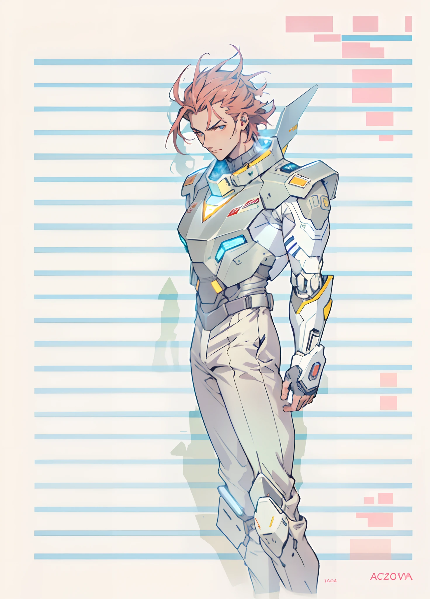 A man with short red-gold hair, hair slicked back, thick and disheveled hair, a cold and ruthless gaze, a confident expression, wears a two-piece futuristic military-style uniform, primarily in shades of white and red, accented by touches of yellow, streamlined wristguard gloves, matching trousers, he is in a futuristic sci-fi hangar with a huge mech, stands within a futuristic sci-fi hangar, where a colossal mech is stationed, this character embodies a finely crafted futuristic military officer in anime style, characterized by an exquisite and mature manga illustration art style, high definition, best quality, highres, ultra-detailed, ultra-fine painting, extremely delicate, professional, anatomically correct, symmetrical face, extremely detailed eyes and face, high quality eyes, creativity, RAW photo, UHD, 8k, Natural light, cinematic lighting, masterpiece:1.5