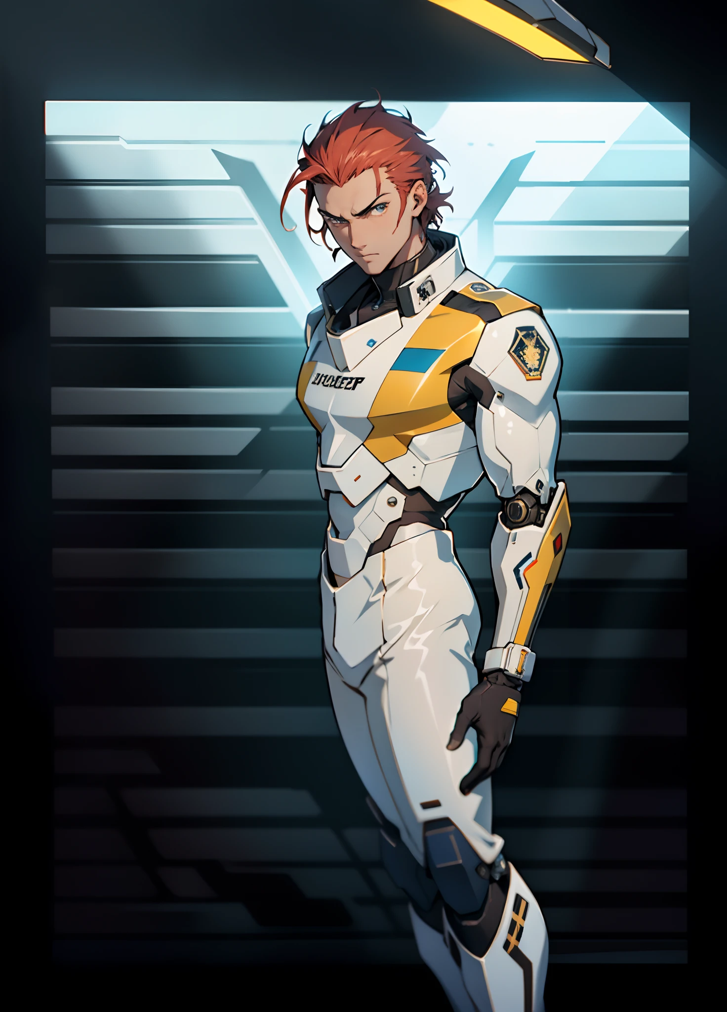A man with short red-gold hair, hair slicked back, thick and disheveled hair, a cold and ruthless gaze, a confident expression, wears a two-piece futuristic military-style uniform, primarily in shades of white and red, accented by touches of yellow, streamlined wristguard gloves, matching trousers, he is in a futuristic sci-fi hangar with a huge mech, stands within a futuristic sci-fi hangar, where a colossal mech is stationed, this character embodies a finely crafted futuristic military officer in anime style, characterized by an exquisite and mature manga illustration art style, high definition, best quality, highres, ultra-detailed, ultra-fine painting, extremely delicate, professional, anatomically correct, symmetrical face, extremely detailed eyes and face, high quality eyes, creativity, RAW photo, UHD, 8k, Natural light, cinematic lighting, masterpiece:1.5