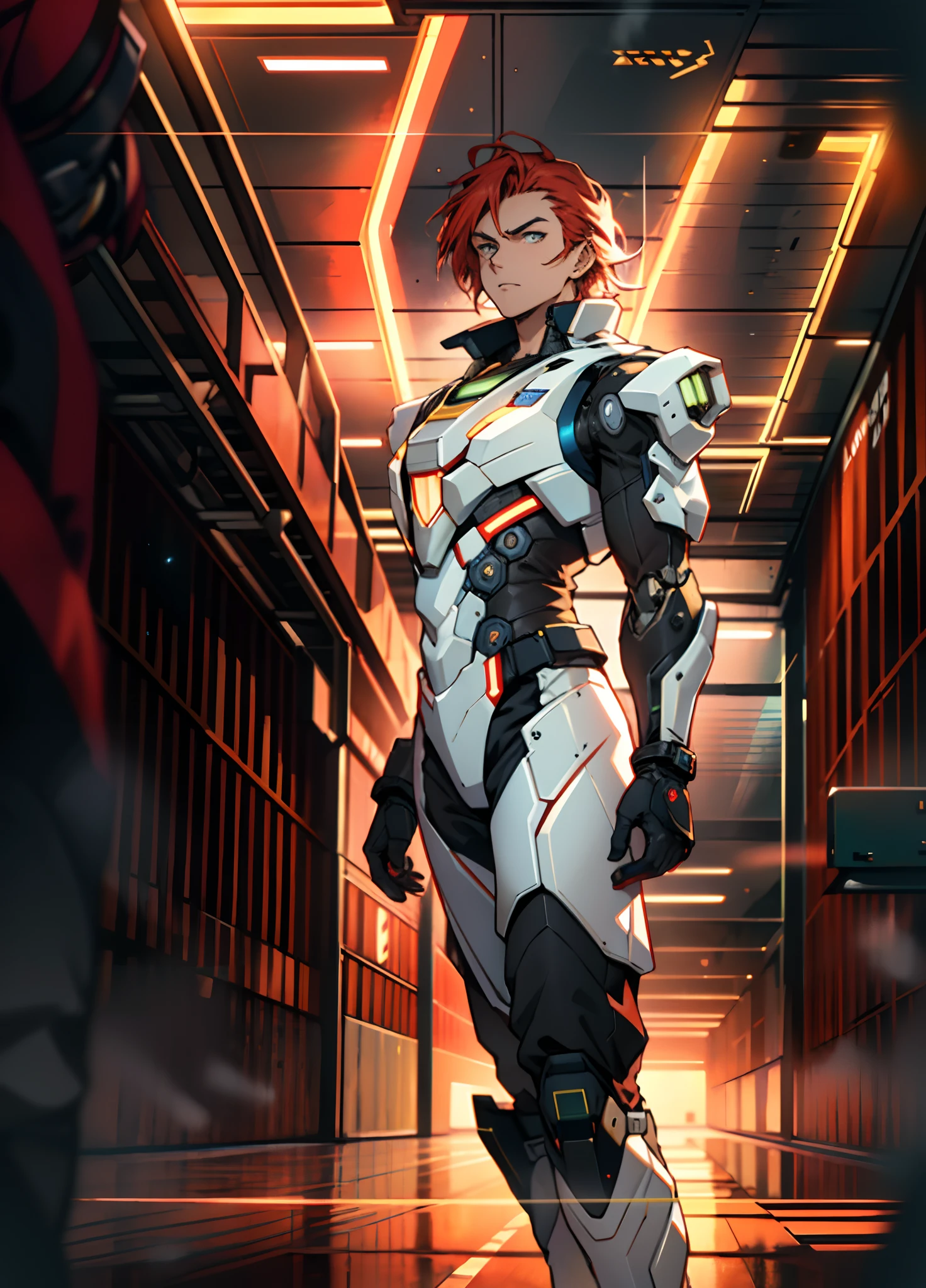 A man with short red-gold hair, hair slicked back, thick and disheveled hair, a cold and ruthless gaze, a confident expression, wears a two-piece futuristic military-style uniform, primarily in shades of white and red, accented by touches of yellow, streamlined wristguard gloves, matching trousers, he stands in a futuristic sci-fi-style hangar housing a colossal mech, stands within a futuristic sci-fi hangar, where a colossal mech is stationed, this character embodies a finely crafted futuristic military officer in anime style, characterized by an exquisite and mature manga illustration art style, high definition, best quality, highres, ultra-detailed, ultra-fine painting, extremely delicate, professional, anatomically correct, symmetrical face, extremely detailed eyes and face, high quality eyes, creativity, RAW photo, UHD, 8k, Natural light, cinematic lighting, masterpiece:1.5
