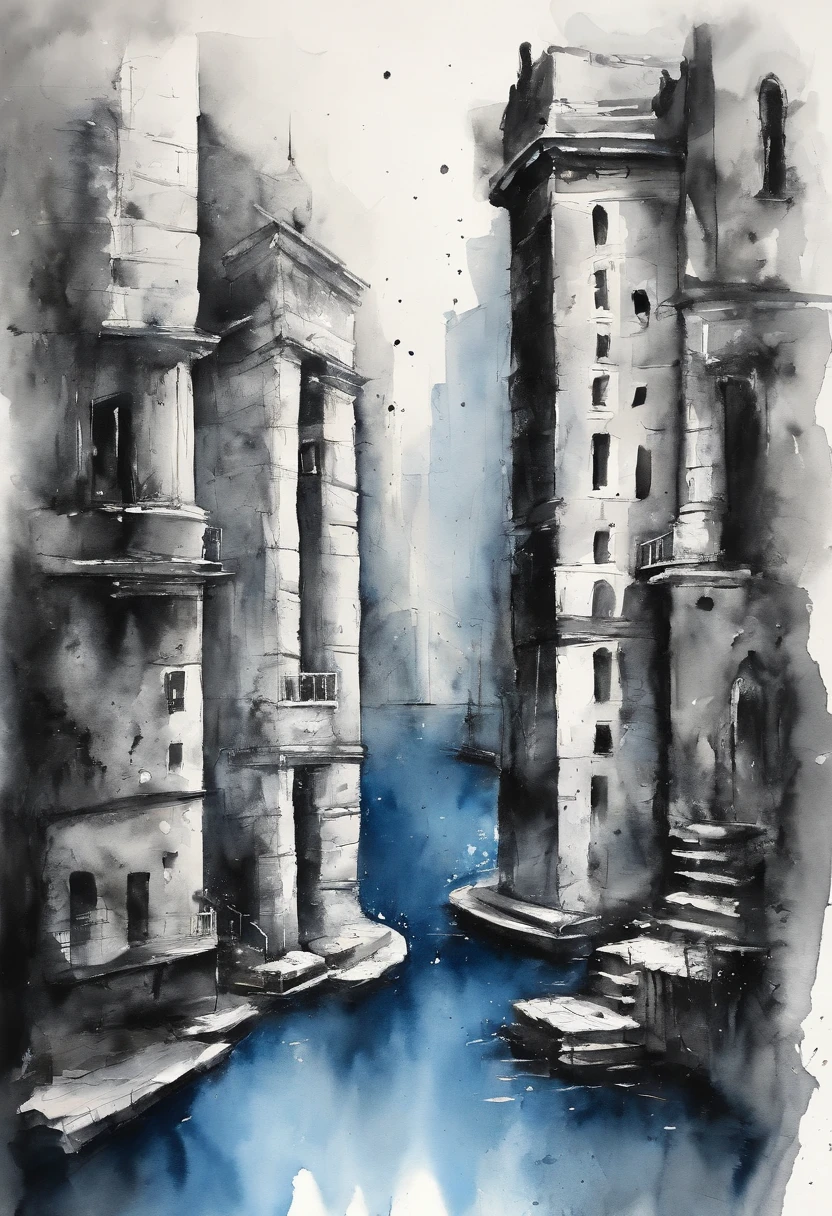 White and black photo of the city with blue water, In the style of contemporary collage, Animated GIFs, album covers, Fluid, detaileds, Yankee Core, Relief