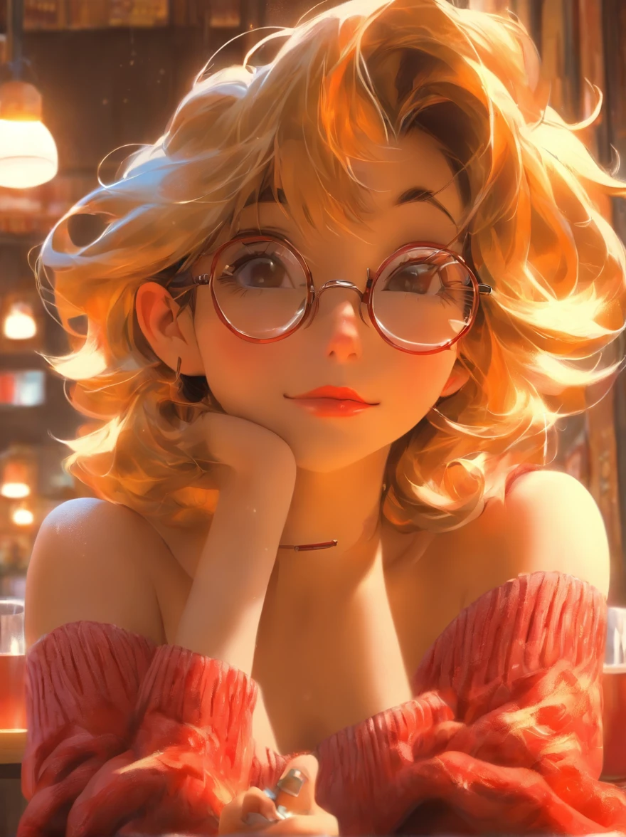 {best quality}, {{masterpiece}}, {highres}, {an extremely delicate and beautiful}, original, extremely detailed wallpaper,8k resolution, 1girl, mature woman,dog ears,fluffy dog tail, bangs, bare_shoulders, redish_hair,glasses, closed_mouth, collarbone, gradient, gradient_background, jewelry, lips, long_hair, looking_at_viewer, off-shoulder_sweater, off_shoulder, red_lips, ribbed_sweater, cleavage, solo, sweater, upper_body, ecchi, enjoying coffe in a vintage fantasy coffee shop, detailed background,dog collar around neck with leash on .