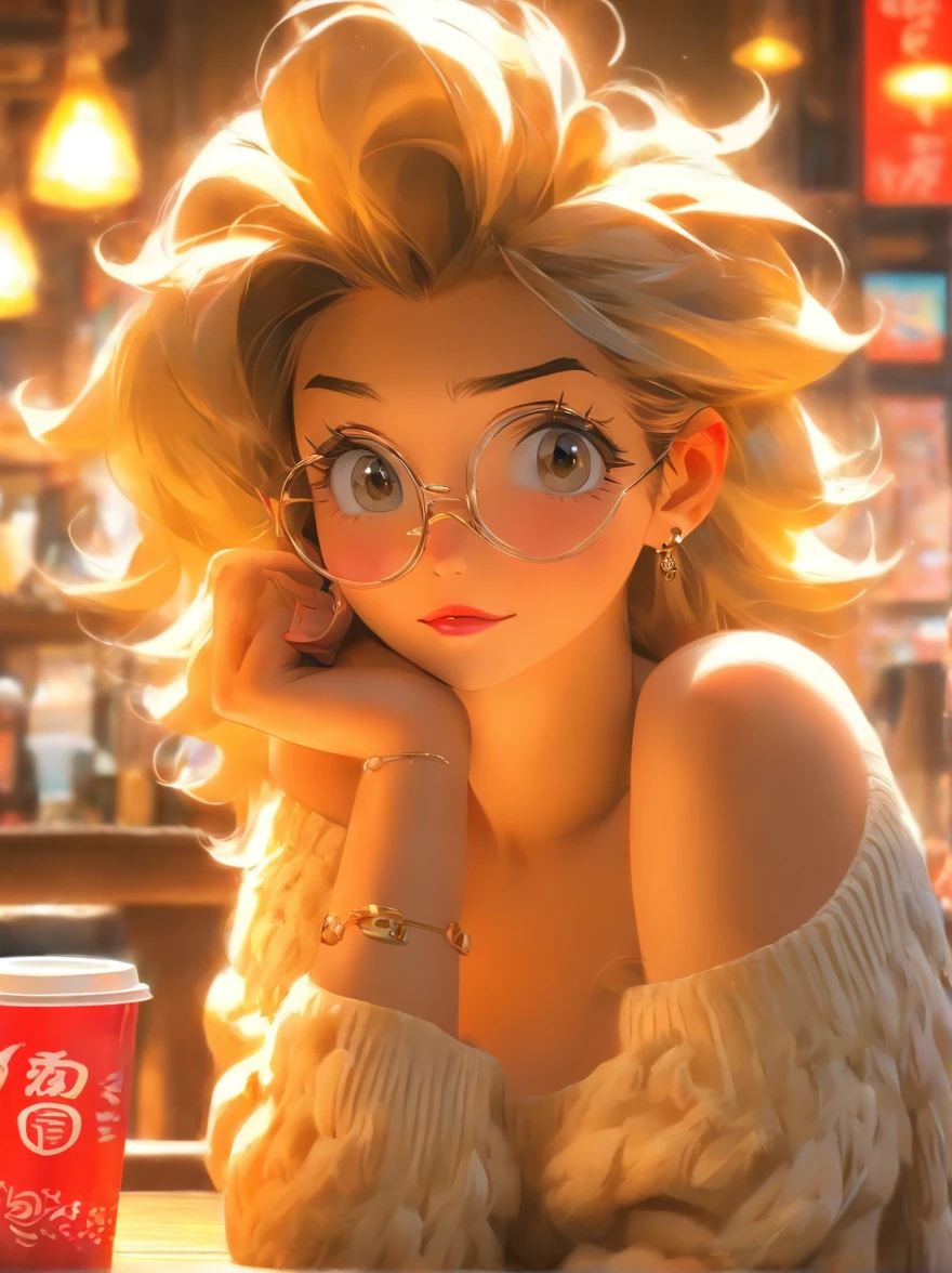 {best quality}, {{masterpiece}}, {highres}, {an extremely delicate and beautiful}, original, extremely detailed wallpaper,8k resolution, 1girl, mature woman,dog ears,fluffy dog tail, bangs, bare_shoulders, redish_hair,glasses, closed_mouth, collarbone, gradient, gradient_background, jewelry, lips, long_hair, looking_at_viewer, off-shoulder_sweater, off_shoulder, red_lips, ribbed_sweater, cleavage, solo, sweater, upper_body, ecchi, enjoying coffe in a vintage fantasy coffee shop, detailed background,dog collar around neck with leash on .