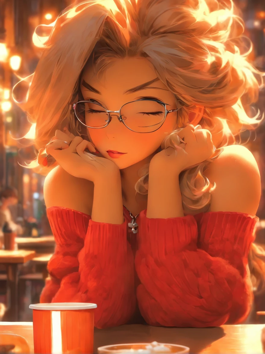 {best quality}, {{masterpiece}}, {highres}, {an extremely delicate and beautiful}, original, extremely detailed wallpaper,8k resolution, 1girl, mature woman,dog ears,fluffy dog tail, bangs, bare_shoulders, redish_hair,glasses, closed_mouth, collarbone, gradient, gradient_background, jewelry, lips, long_hair, looking_at_viewer, off-shoulder_sweater, off_shoulder, red_lips, ribbed_sweater, cleavage, solo, sweater, upper_body, ecchi, enjoying coffe in a vintage fantasy coffee shop, detailed background,dog collar around neck with leash on .