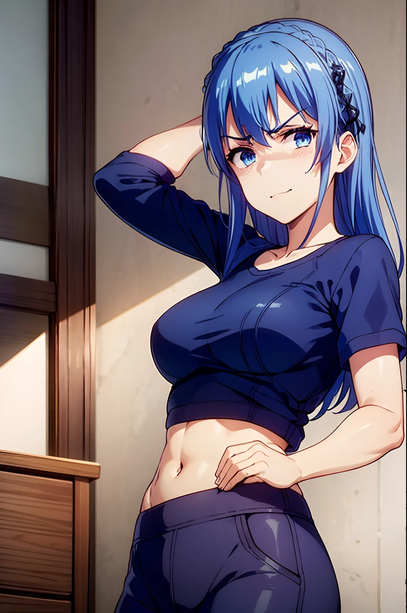 blue hair,blue eyes,masterpiece, best quality, photorealistic, yujiasuit, yoga sports bra, yoga pants, 1girl, solo, , yoga ball, pants, looking at viewer, smile, green sports bra, simple background, , midriff, long hair, breasts, green pants, sportswear, tank top, upper body,((looking disgusted))
very angry
disappointed