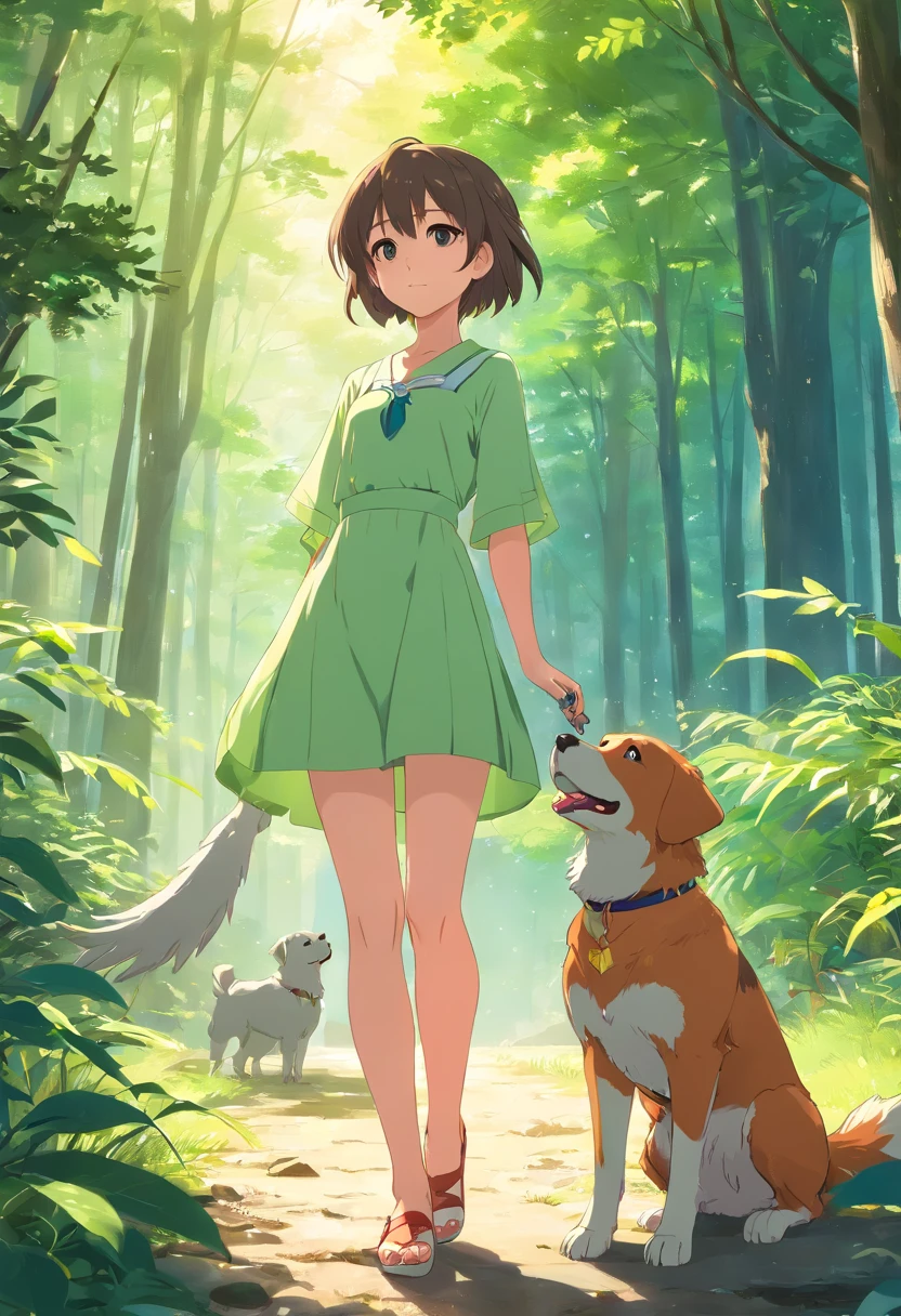 (best quality,Altas:1.2),fotorrealista,anime,princesa,garota,vestido branco,pequeno,可爱,cartoon dog,(Lowered girl holding a small injured bird)nas maosRio Claro,Floresta,luz solar,contato visual